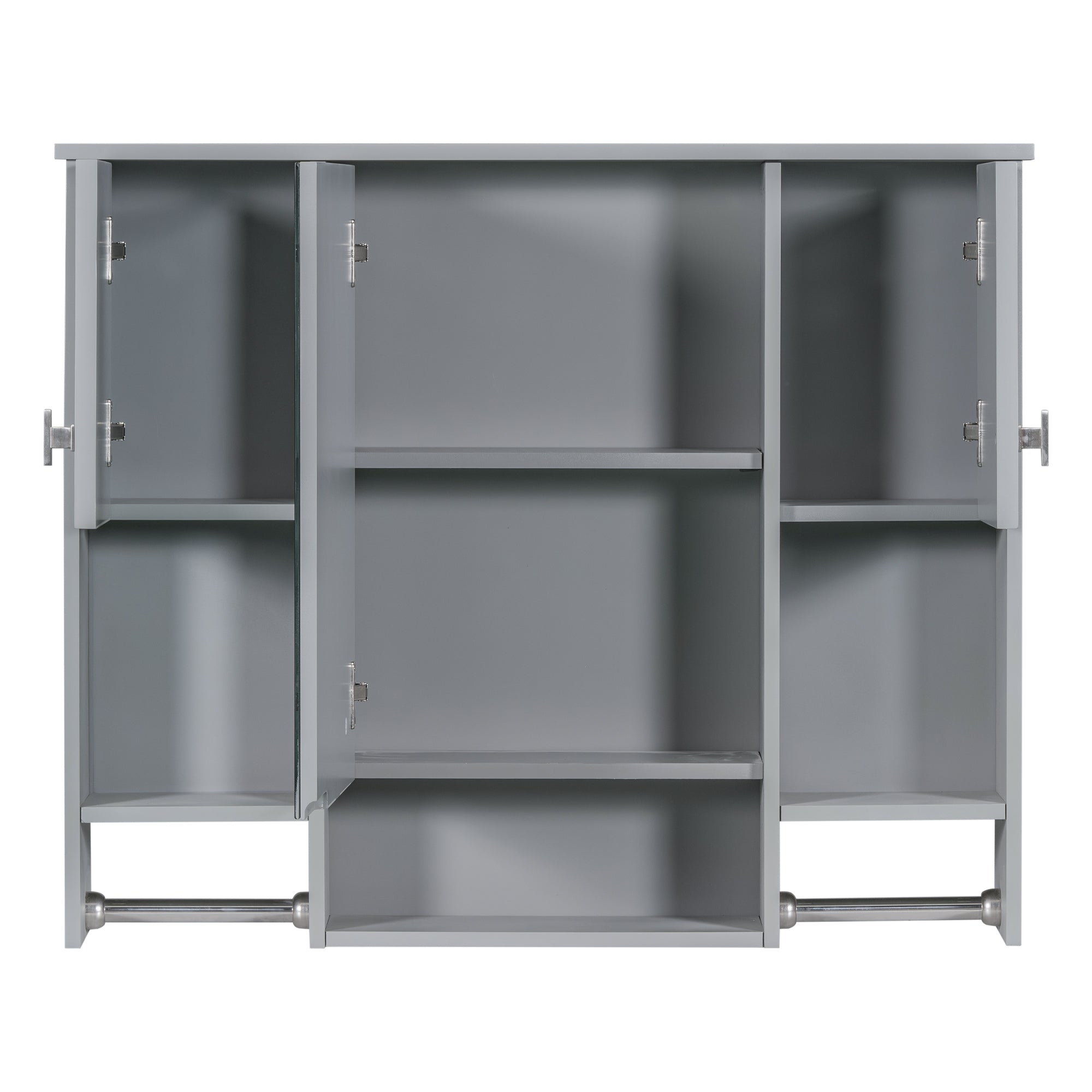 Modern Grey Wall Mounted Bathroom Cabinet with Mirror and Towel Bar, 35'' x 28'' MDF Storage Cabinet with 3 Doors