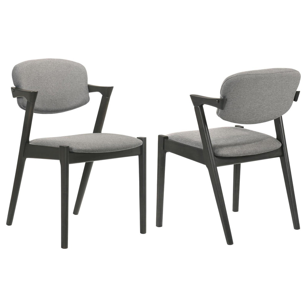 Mid-Century Modern Z-Shaped Dining Chair Set of 2 in Brown Grey Fabric with Black Wood Frame, 30H x 20.25W x 22.75D