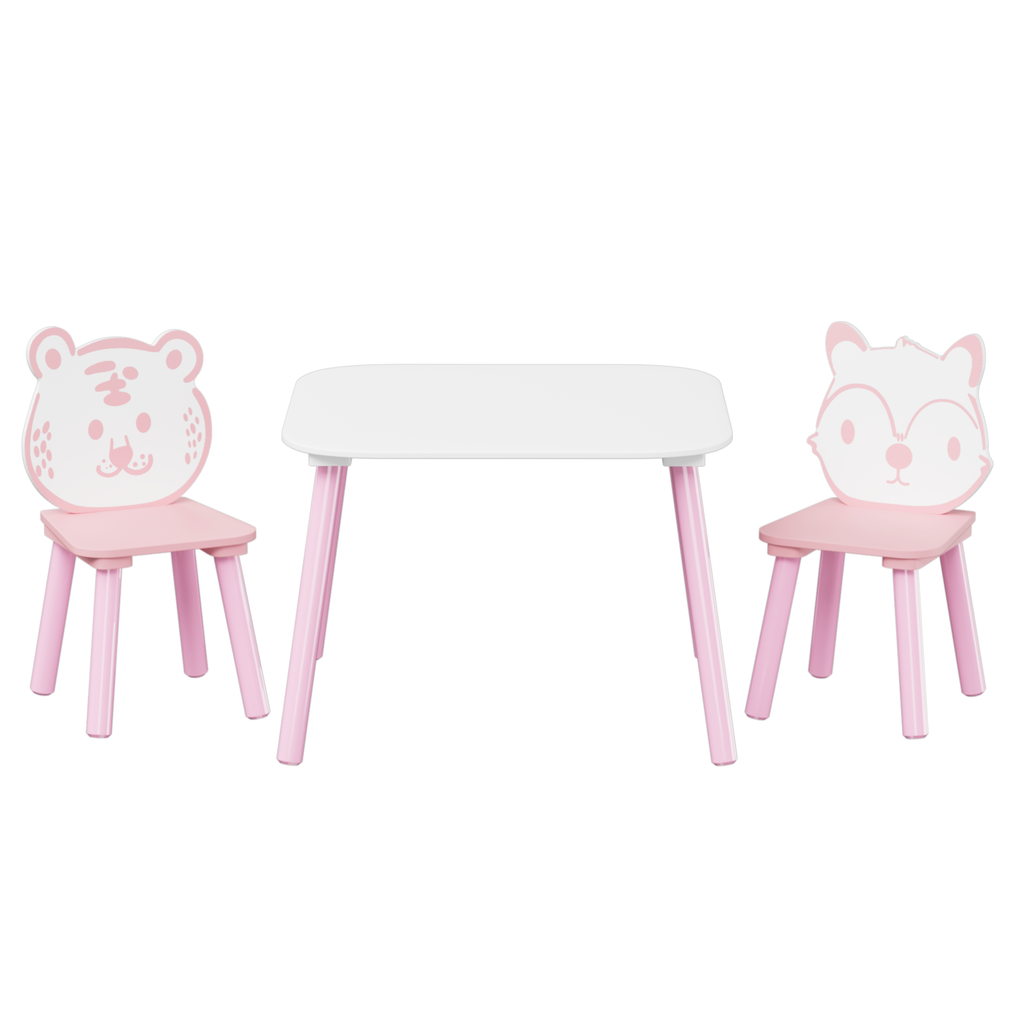 Kids Table and Chair Set, 3-Piece Wooden Toddler Desk with Animal Backrest, Activity Table for Drawing, Learning, Playroom or Nursery (Pink & White)