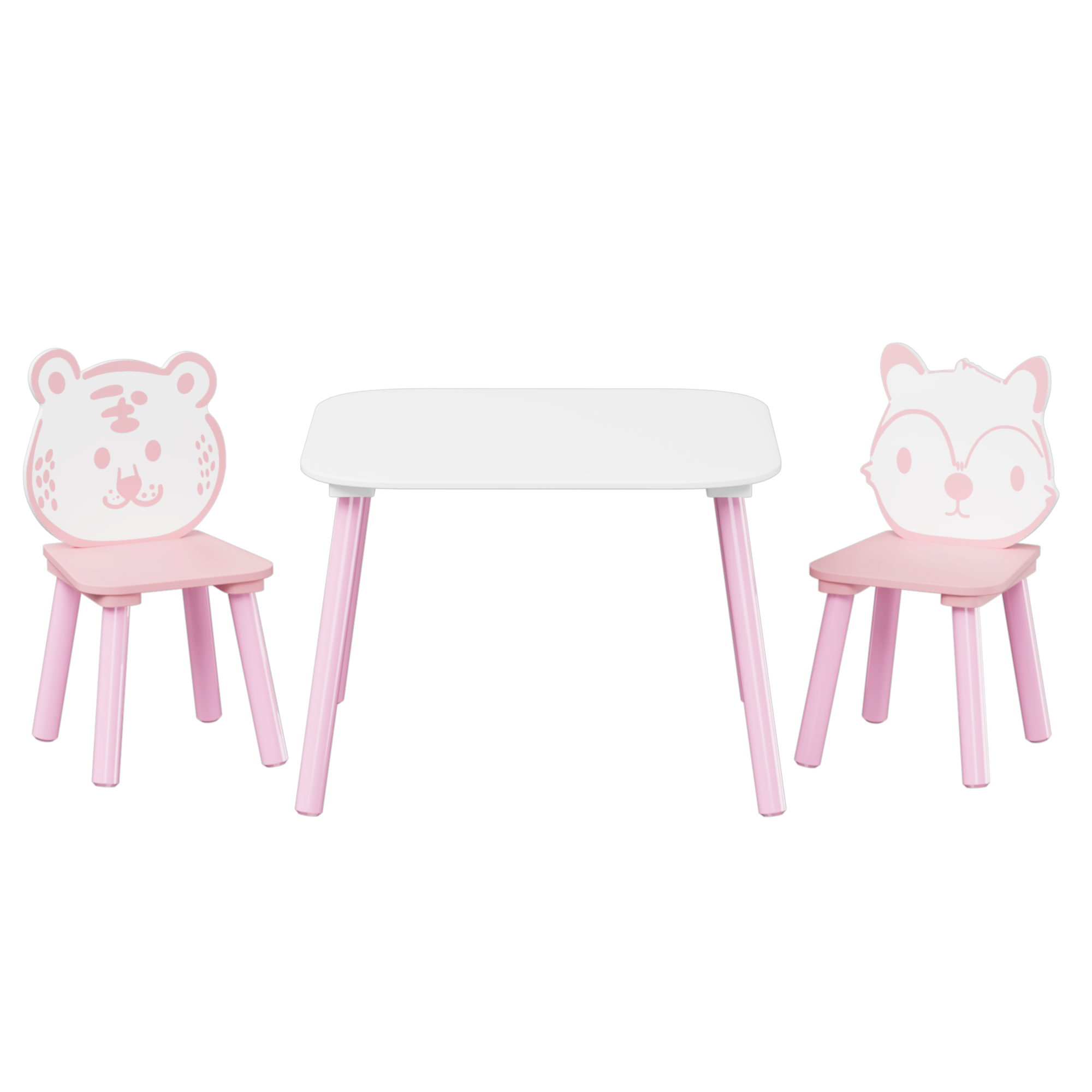 Kids Table and Chair Set, 3-Piece Wooden Toddler Desk with Animal Backrest, Activity Table for Drawing, Learning, Playroom or Nursery (Pink & White)