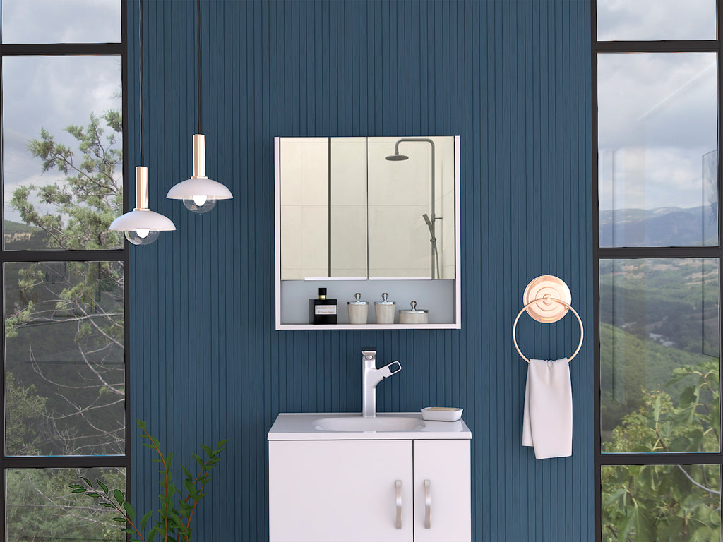 Jaspe Mirror Cabinet, Three Internal Shelves, One Open Shelf, Double Door Cabinet -White