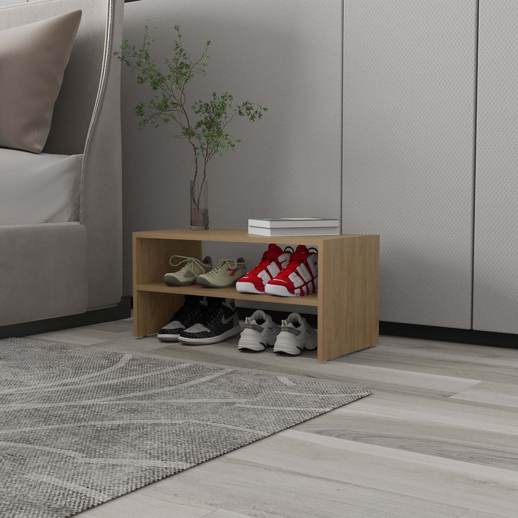 Natural Oak 2-Shelf Shoe Rack with Low Horizontal Design