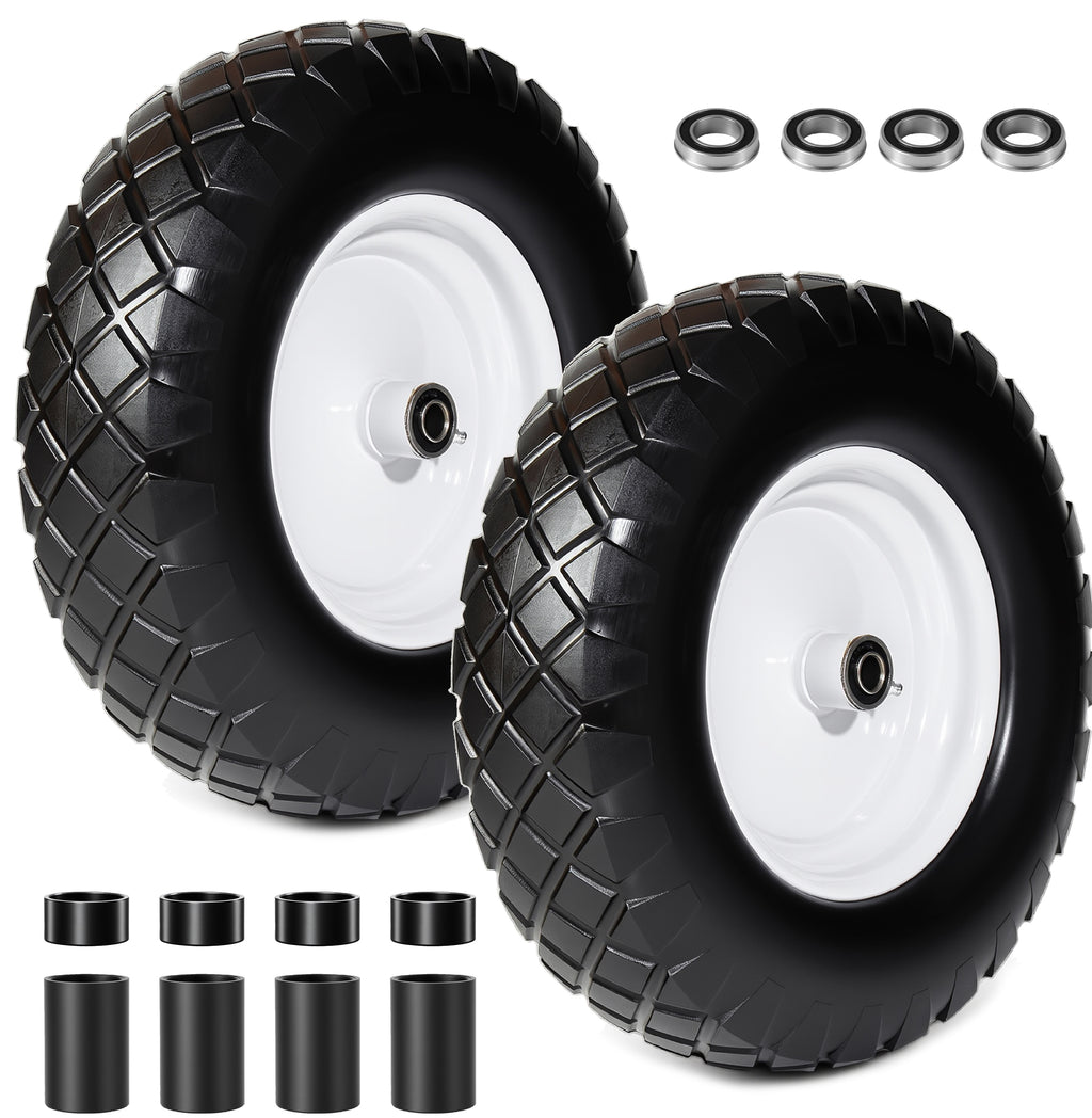 4.80/4.00-8 Flat-Free Solid Wheelbarrow Tire and Wheel, 16' Solid Tire with 5/8' & 3/4' Bearings, 3' Hub for Hand Truck, Garden Cart, Trailer, Trolley, Wagon (Set of 2)
