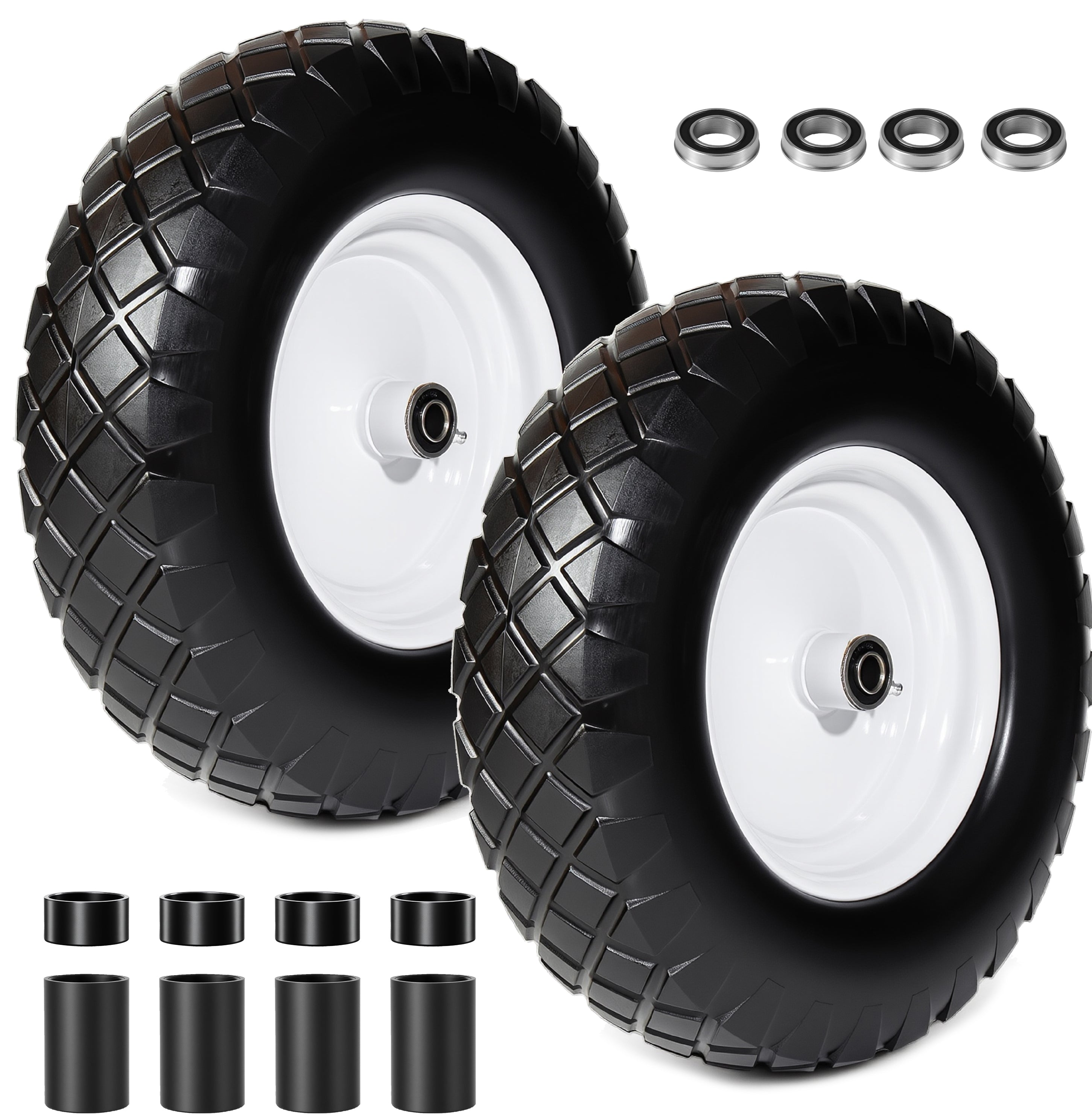 4.80/4.00-8 Flat-Free Solid Wheelbarrow Tire and Wheel, 16' Solid Tire with 5/8' & 3/4' Bearings, 3' Hub for Hand Truck, Garden Cart, Trailer, Trolley, Wagon (Set of 2)
