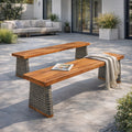 Outdoor Acacia Wood Bench(Set of 2),Teak Finish+ Grey Wicker