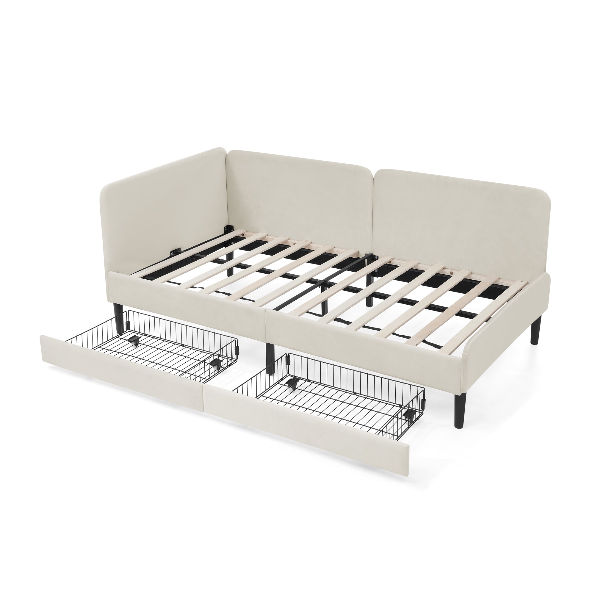 Beige Velvet Upholstered Twin Platform Bed Frame with 2 Storage Drawers and Adjustable Sofa Bed, Plywood and MDF Frame