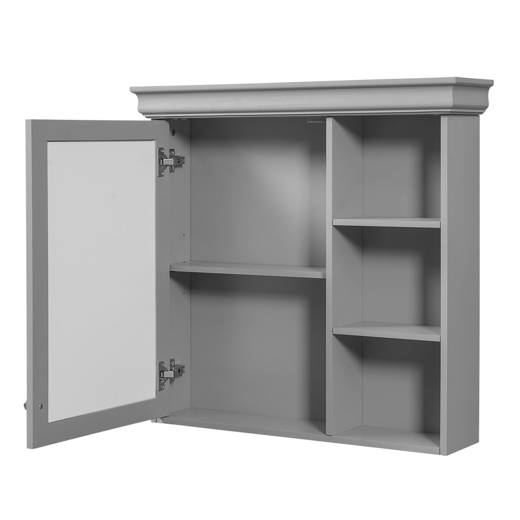 Modern Gray Wall-Mounted Medicine Cabinet with Mirror, 30'' x 28'', MDF & Rubberwood, Adjustable Shelf Storage for Bathroom