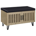Clackamas White Oak 2-Door Storage Bench with Black Faux Leather Cushion and Metal Hairpin Legs