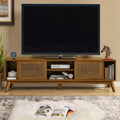 67.9 Inch Mid Century Modern Rattan TV Stand for TVs up to 75', Entertainment Cabinet, Media Console for Living Room Media Room, Solid Wood Feet & Rattan Cabinet Doors - Light Walnut