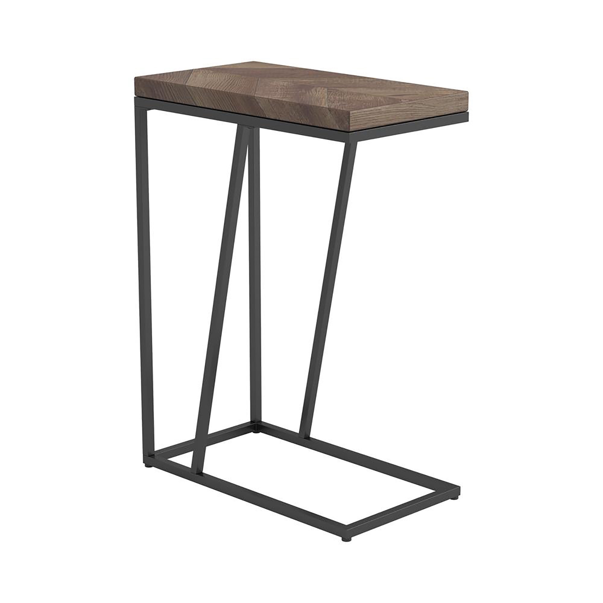 Rustic Tobacco Herringbone Accent Table with Sandy Black Metal Legs, Brown Finish, Metal and Engineered Veneer Construction, 25H x 18W x 10D inches