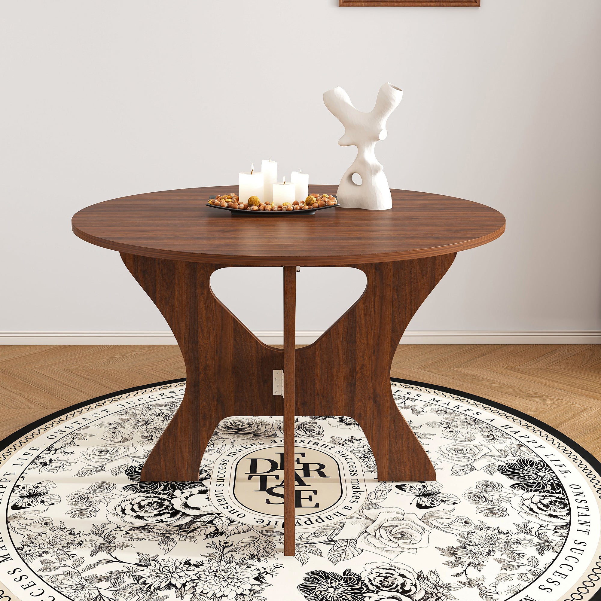 43 in Folding Dining Table for Small Spaces, MDF Table with Walnut Veneer, Space Saving Foldable Kitchen Table for Indoor and Outdoor Use