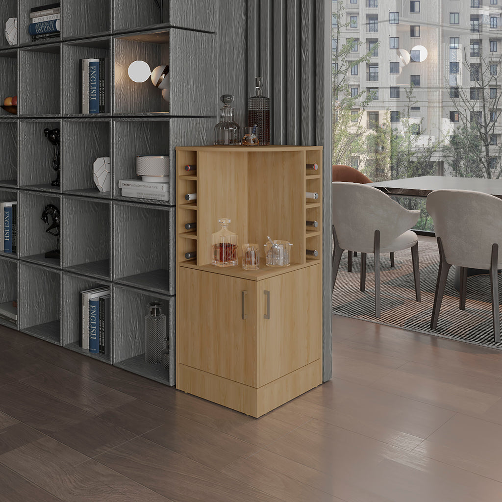 Jakes 42' Tall Corner Bar Cabinet with Eight Wine Bottle Cubbies and Double Door cabinet, Living Room, Liquor Cabinet, Storage Cabinet Light Oak