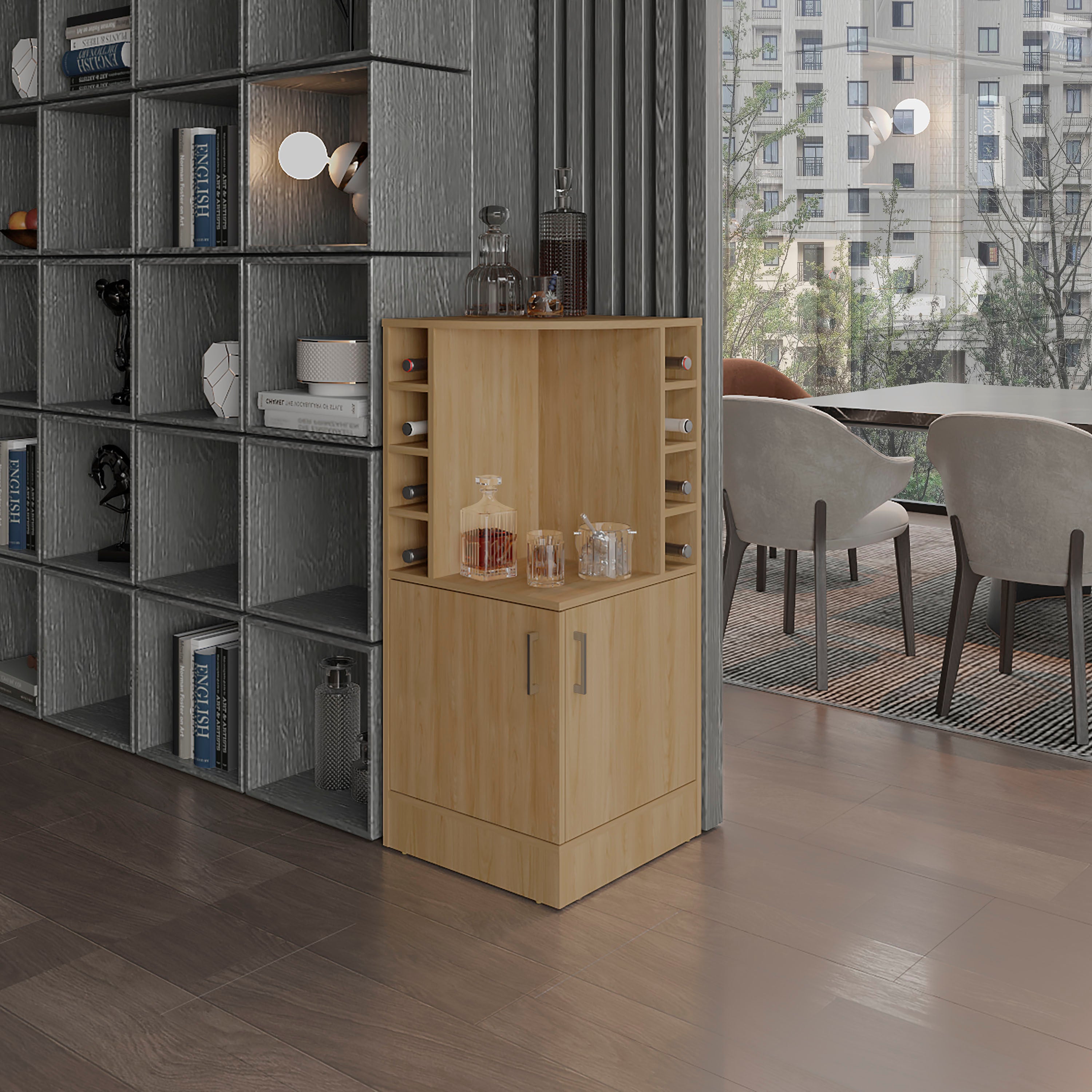 Jakes 42' Tall Corner Bar Cabinet with Eight Wine Bottle Cubbies and Double Door cabinet, Living Room, Liquor Cabinet, Storage Cabinet Light Oak