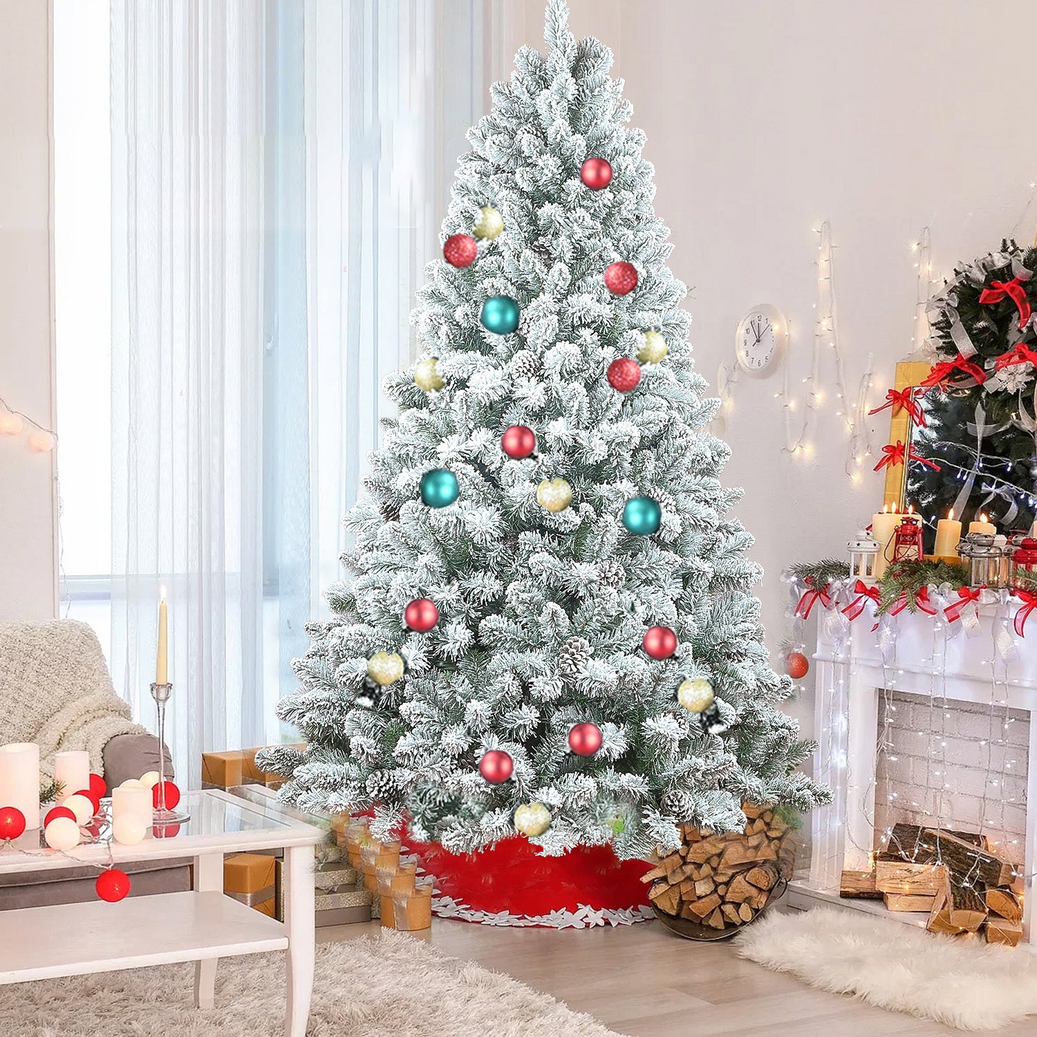 4FT Flocked Christmas Tree with Pine Cones – Snowy PVC Artificial Holiday Tree, 366 Branch Tips, 21 Natural Pinecones, Sturdy Metal Stand, Full Shape for Seasonal Decoration