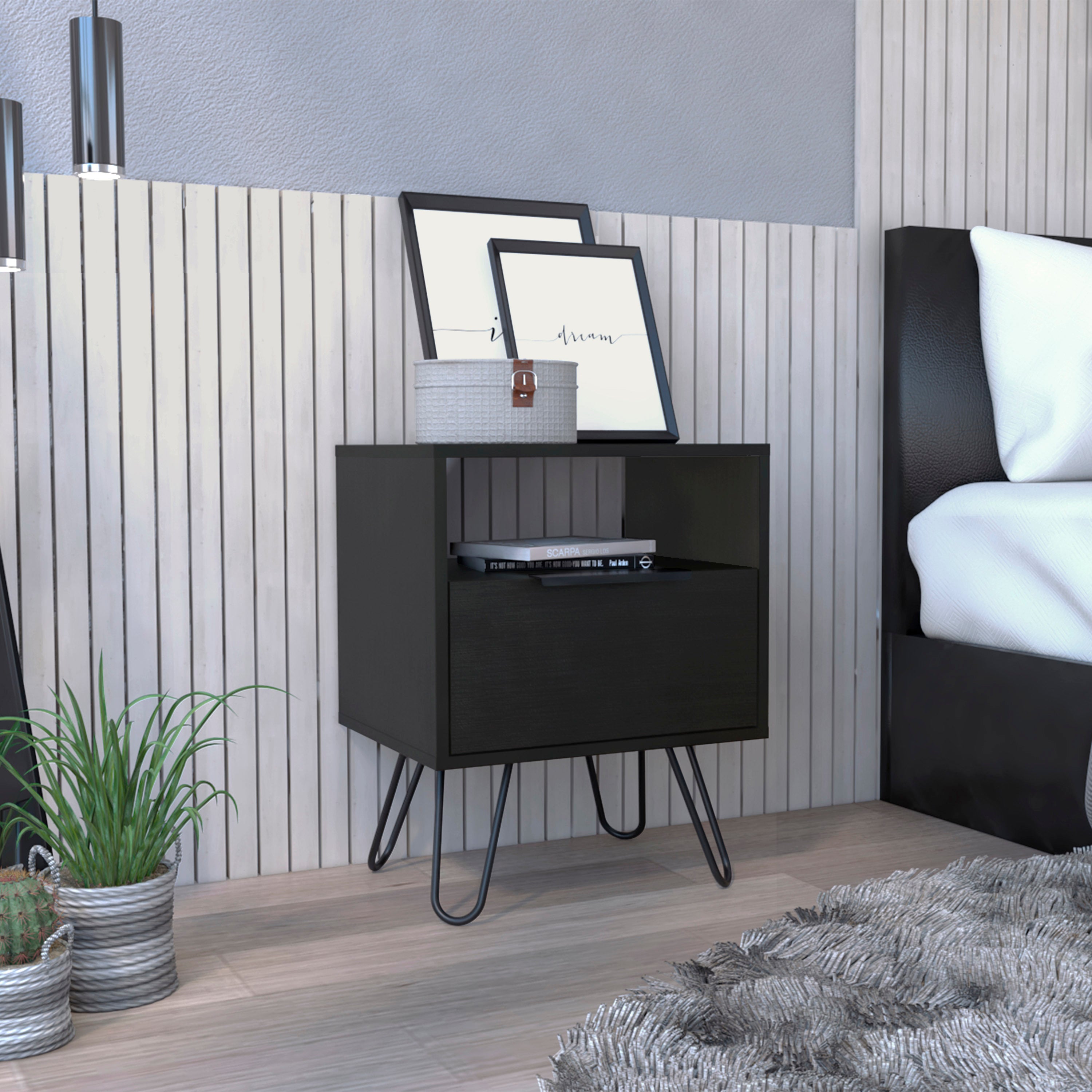 Augusta Nightstand , End Table, Side Table Single Door Cabinet, Hairpin Legs -Black
