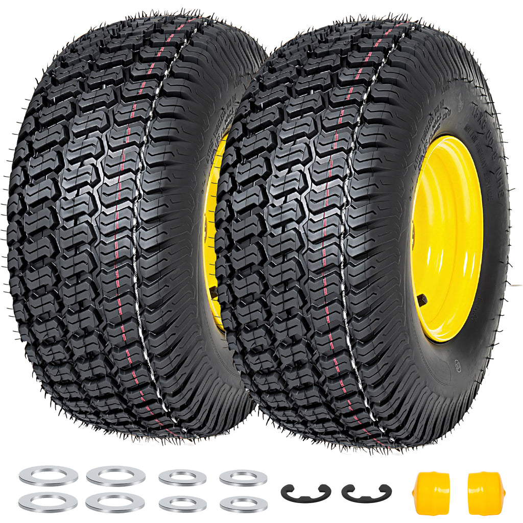 Set of 2 15x6.00-6 Lawn Mower Tires and Wheel Assembly, 4-Ply Tubeless Turf Tread Replacement, 3' Offset Hub with 3/4' Bearings, Yellow Steel Rim for Riding Mowers, 570 lbs Capacity