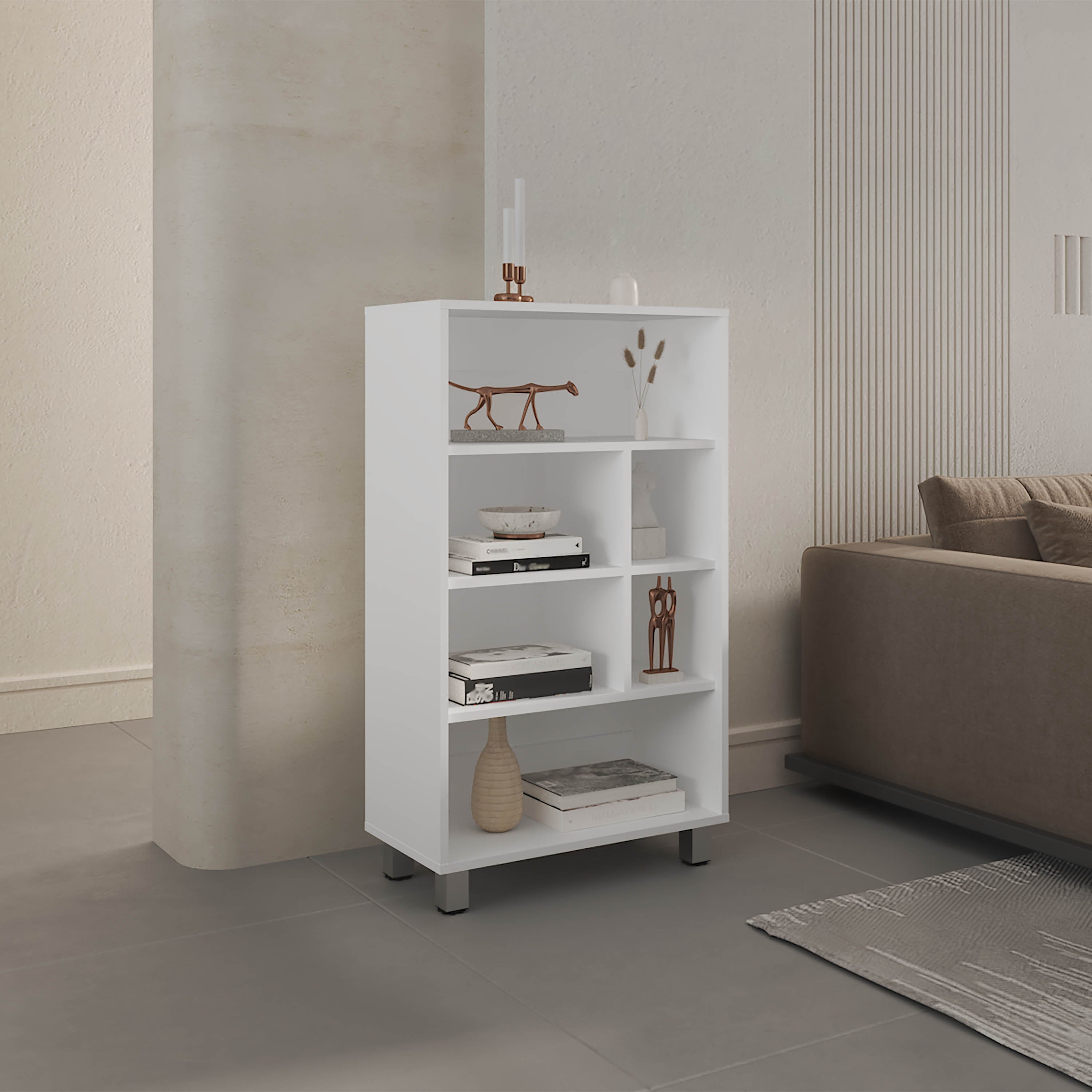 Bellagio 40' Tall Four-Tier Shelf Base Cabinet with 6 Cubbies White