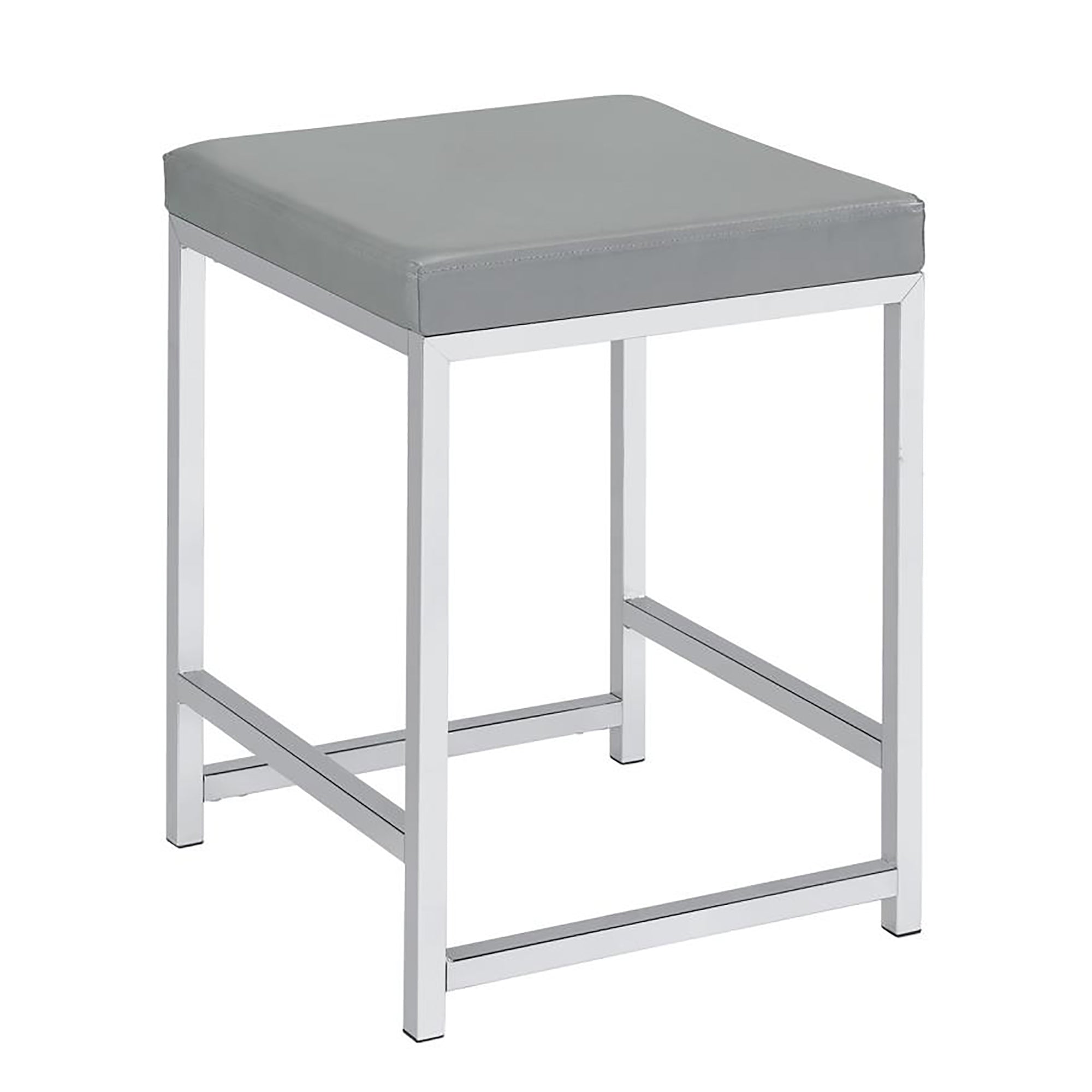 Light Grey Upholstered Square Vanity Stool with Chrome Base - Modern Furniture for Bathroom or Bedroom
