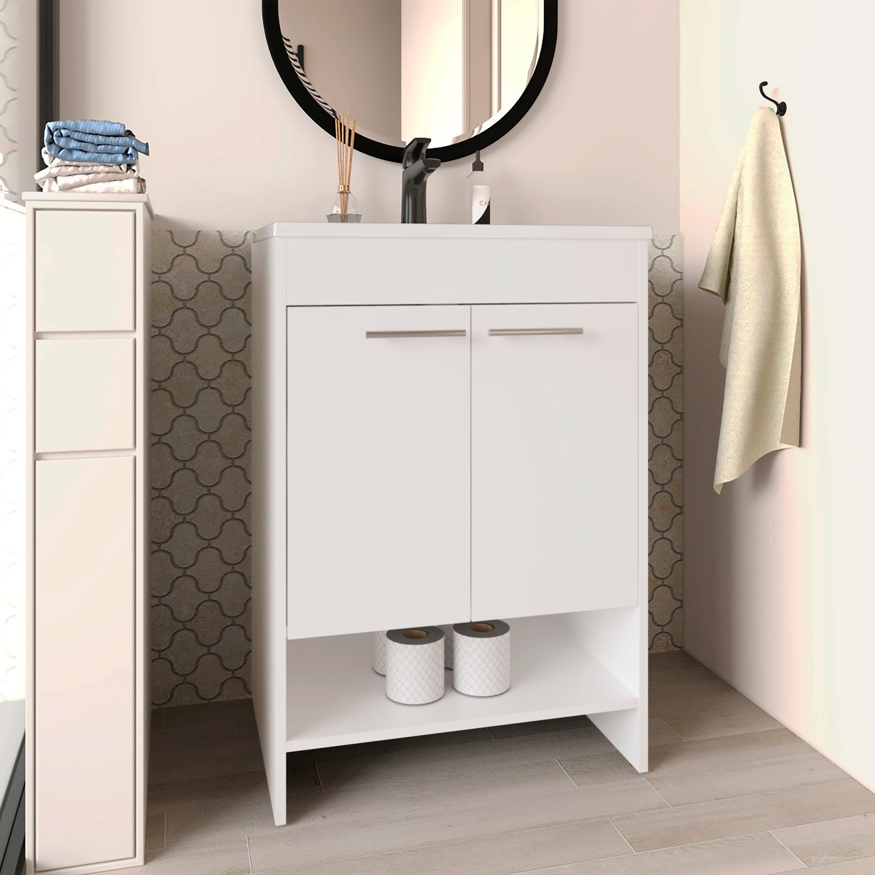 Lorenzo Floor Vanity With Four Drawers And Two Open Shelves, White