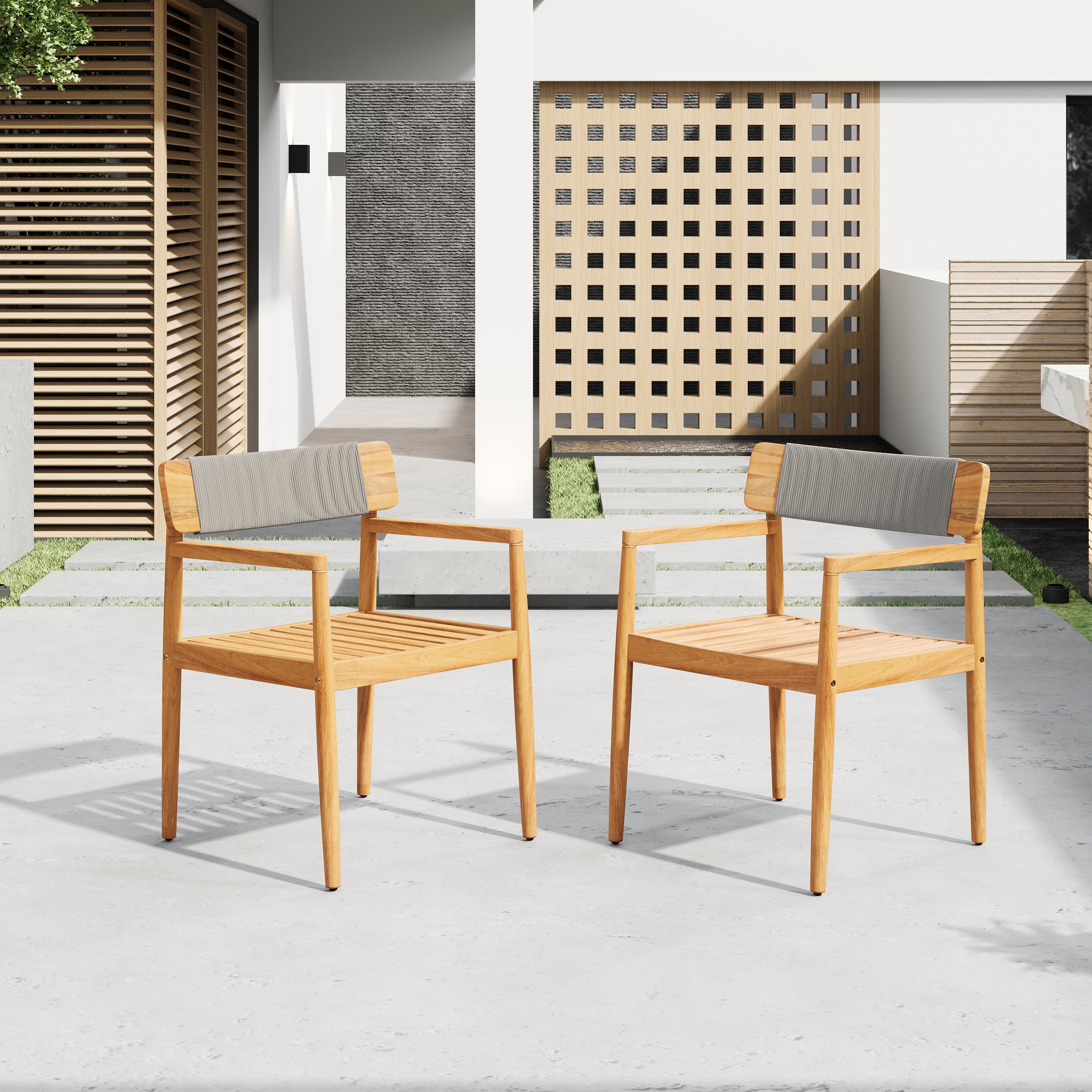 CREATIVE BRAIDED ACACIA WOOD OUTDOOR DINING CHAIRS WITH ARMRESTS, SUITABLE FOR OUTDOOR DINING AND LEISURE PLACES, TEAK LOOK & GREY ROPE,SET OF 2