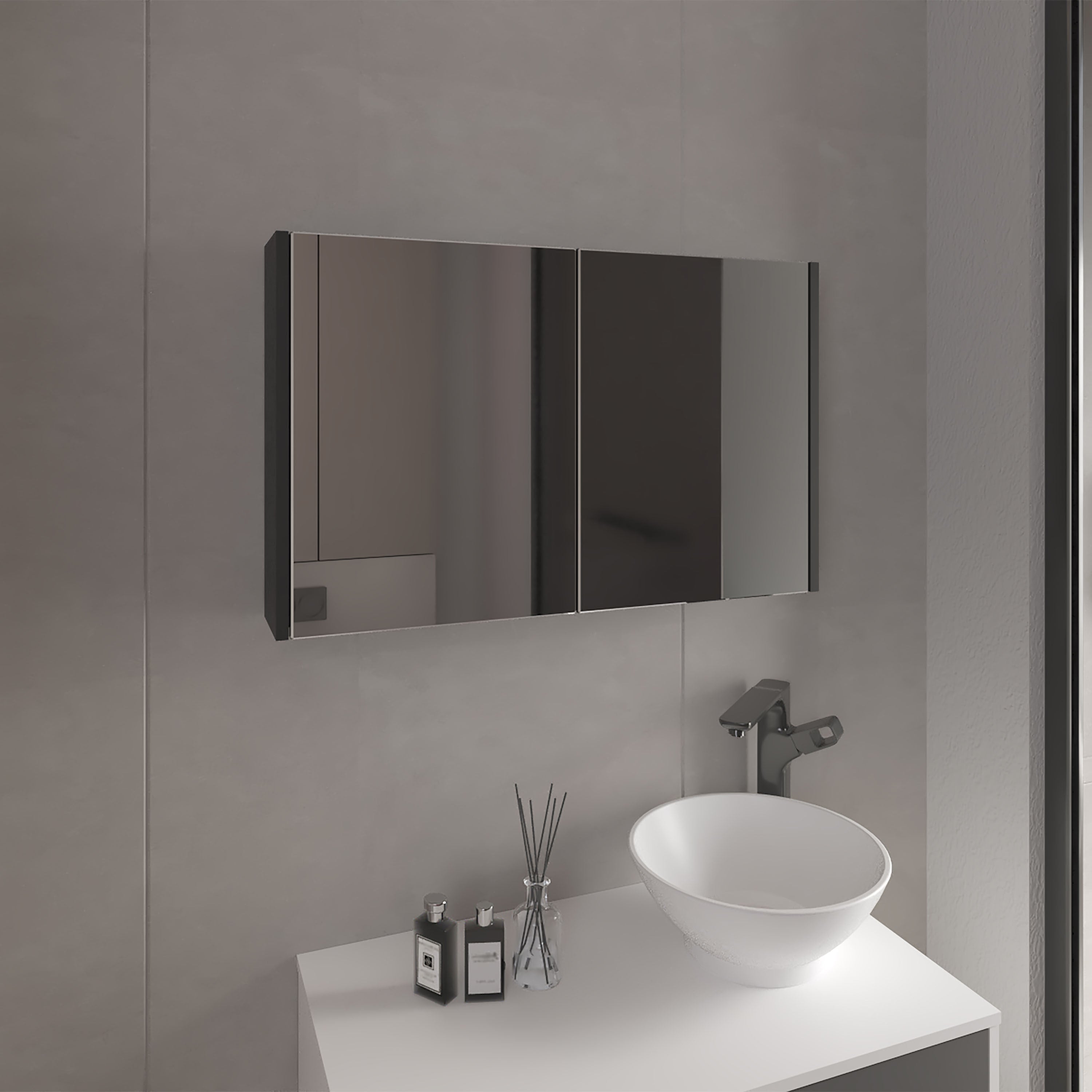 Bouti 19.7' H x 31.5' W Double Door Mirror Medicine Cabinet, Three interior Shelves for Bathroom, Kitchen Black