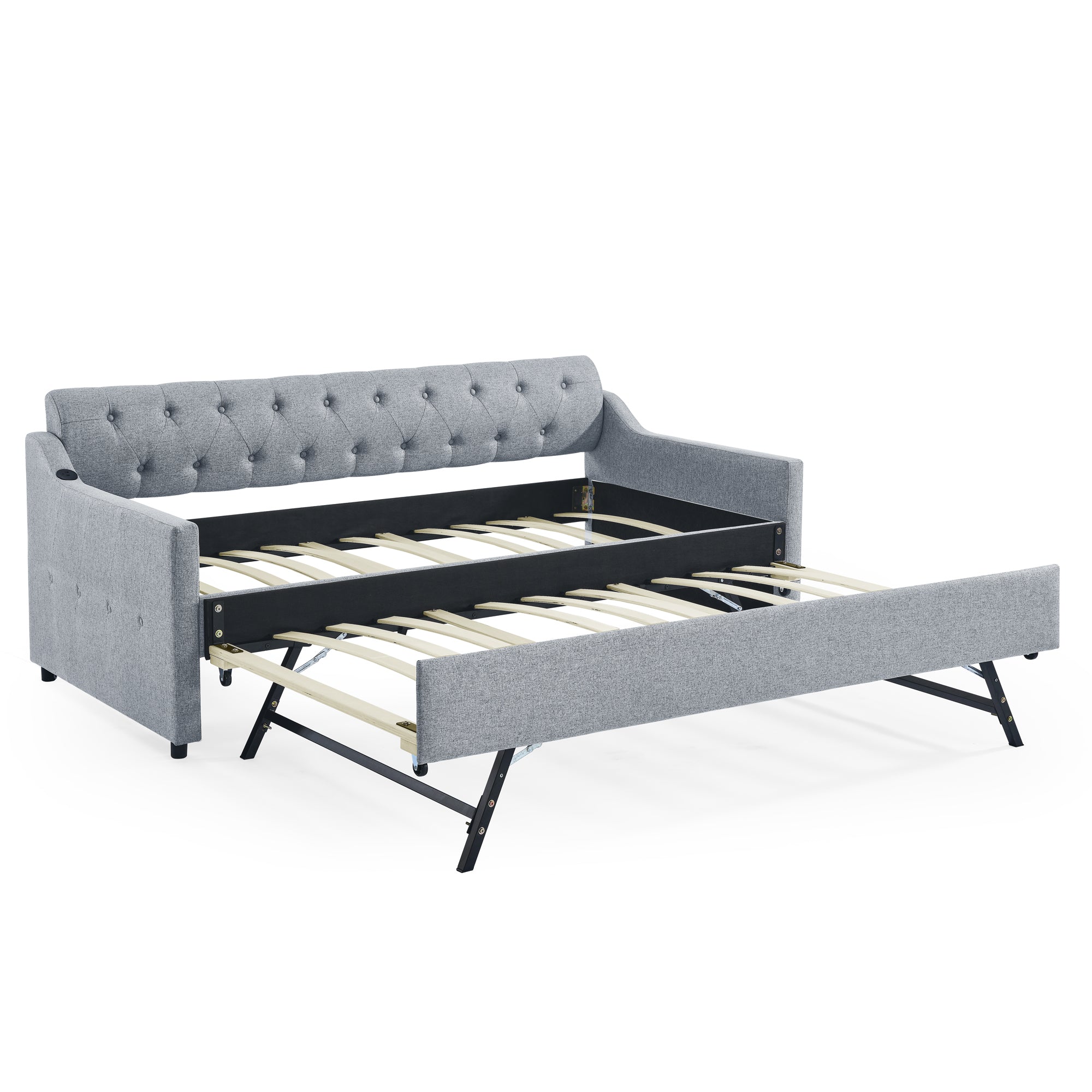 Linen Grey Mid-Century Style Twin Size Upholstered Daybed with Trundle and USB Charging Armrest