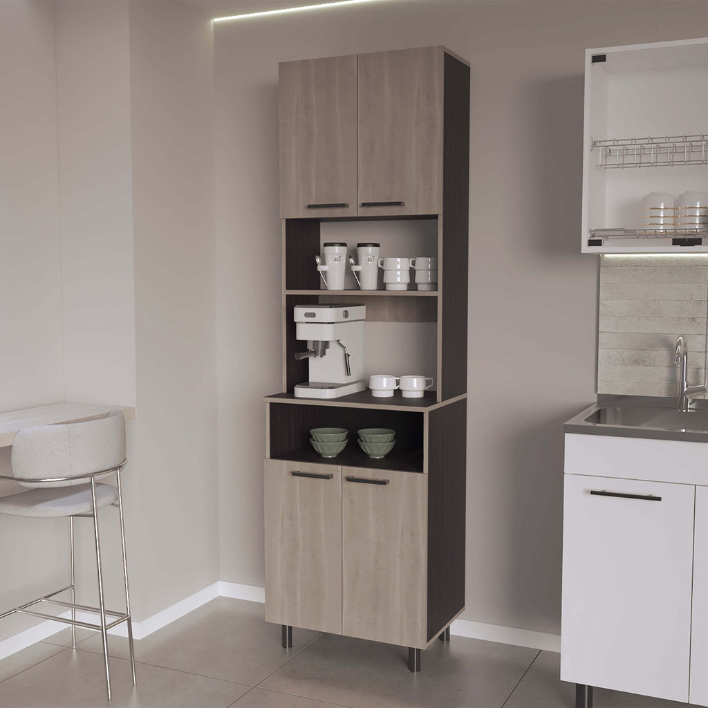 White Oak and Wengue Kitchen Pantry with Open Storage and 4 Doors