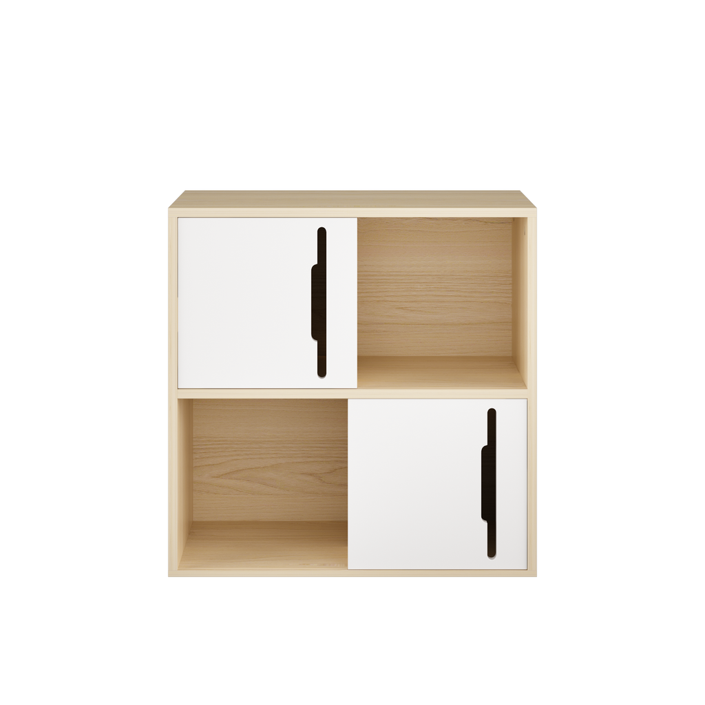 Modern Wooden Storage Cabinet with Sliding Doors, 2-Tier Open and Closed Shelves Organizer in Natural Wood Finish with White Panels, for Living Room, Bedroom, or Kids' Room