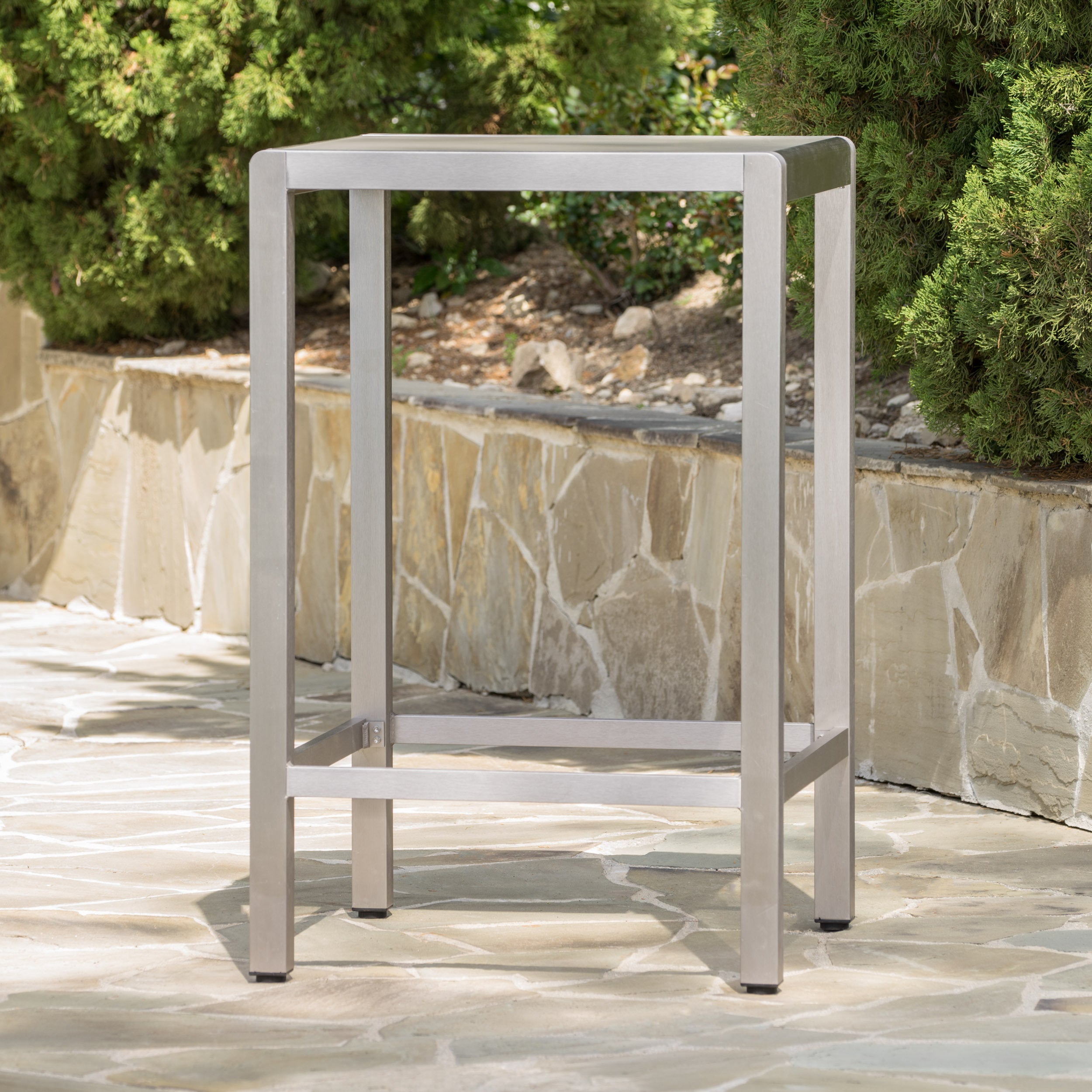 43' Outdoor Aluminum Frame Bar Table with Glass Table Top, Grey Finish