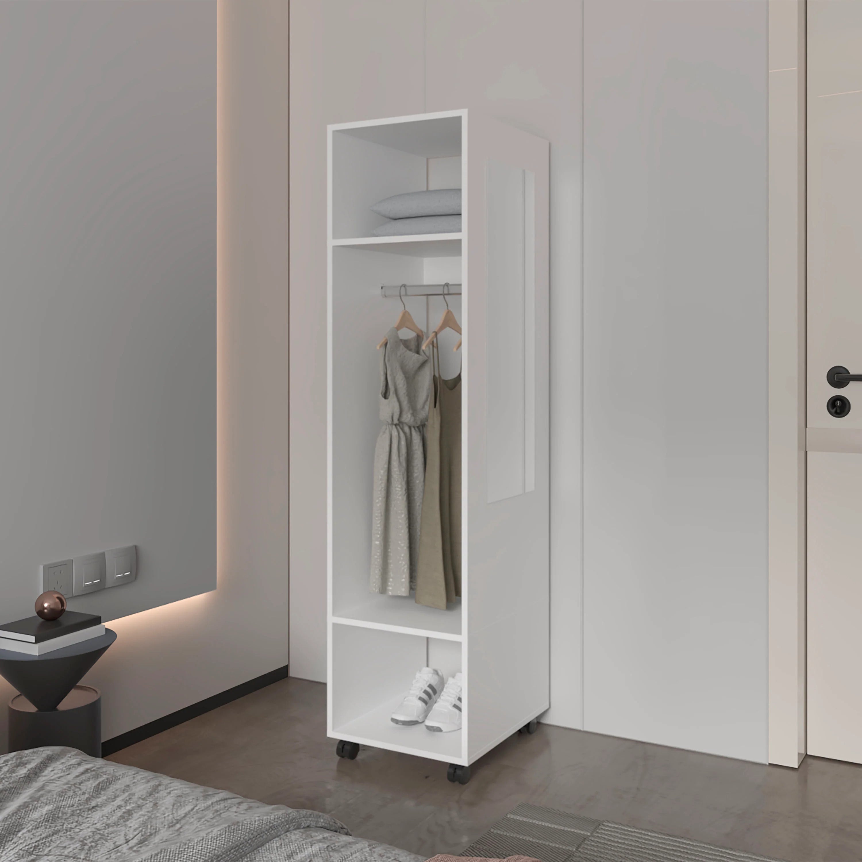 White 3-Shelf Wardrobe with Mirror and Open Storage