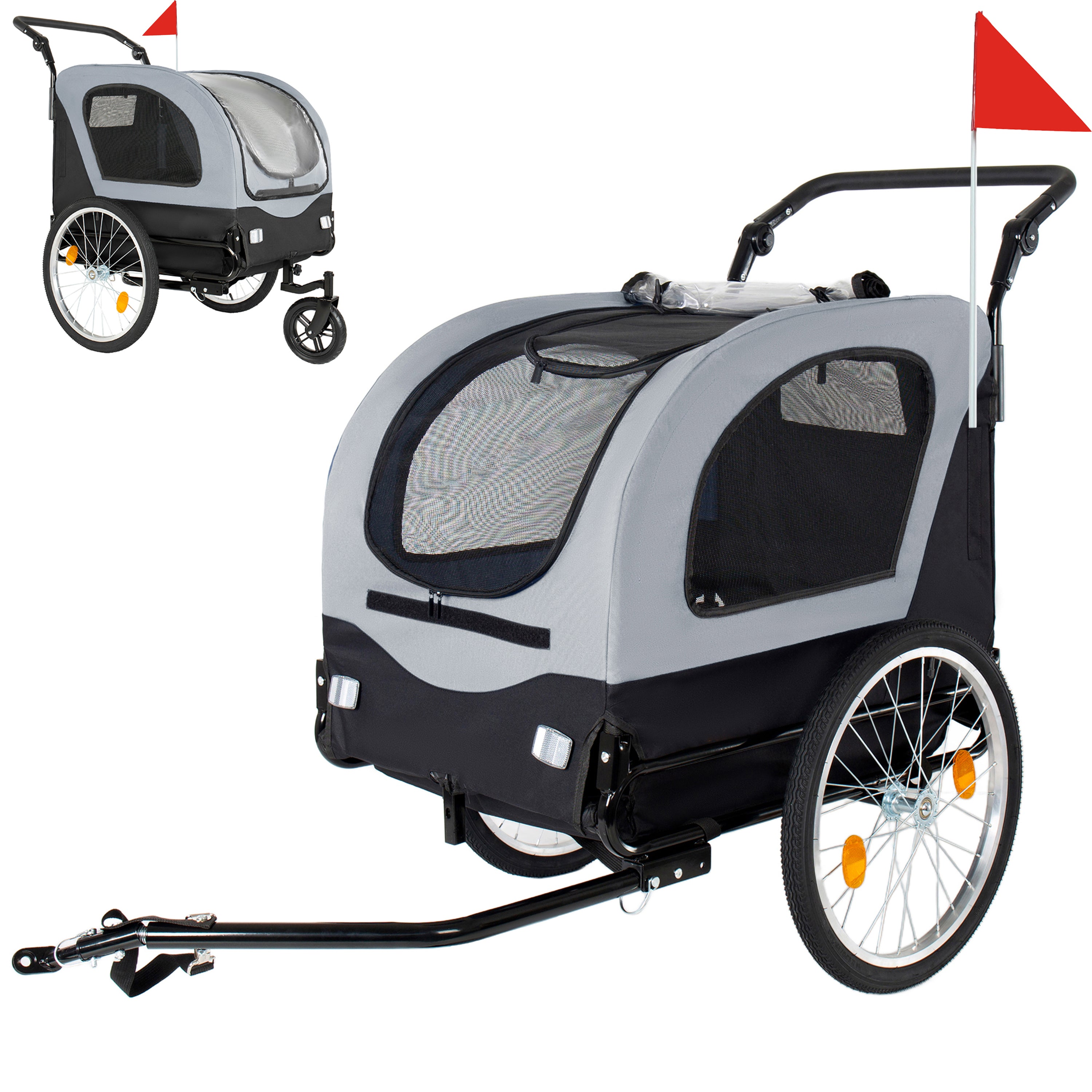 2-in-1  Bike Trailer & Pet Stroller for Dogs up to 110lbs– Foldable Pet Carrier Cart with Front Caster & 20'' Quick Release Air-Filled Wheels, Breathable Mesh and PVC Rain Cover, Gray