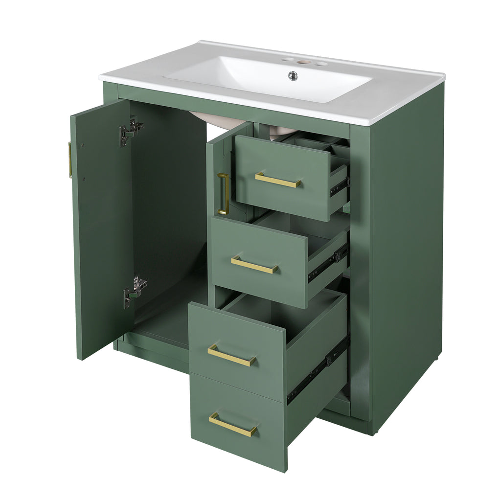 Retro Green Bathroom Vanity Set with Ceramic Sink, Solid Wood Frame Storage Cabinet, 3 Drawer Freestanding Vanity in Green