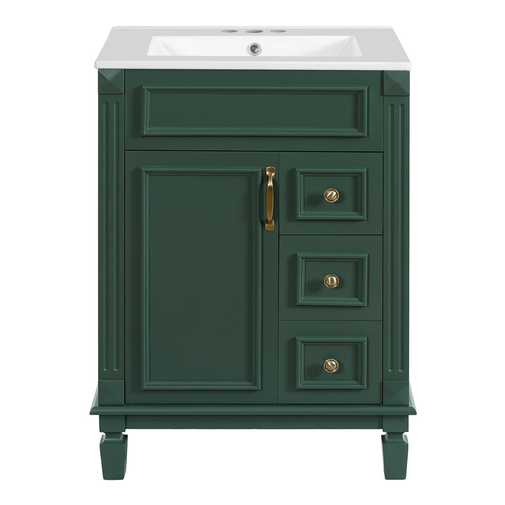 Modern Green Bathroom Vanity with Ceramic Sink, 24' Compact Cabinet with 2 Drawers and Adjustable Shelf, MDF+Solid Wood Frame, Ceramic Basin