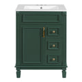 Modern Green Bathroom Vanity with Ceramic Sink, 24' Compact Cabinet with 2 Drawers and Adjustable Shelf, MDF+Solid Wood Frame, Ceramic Basin