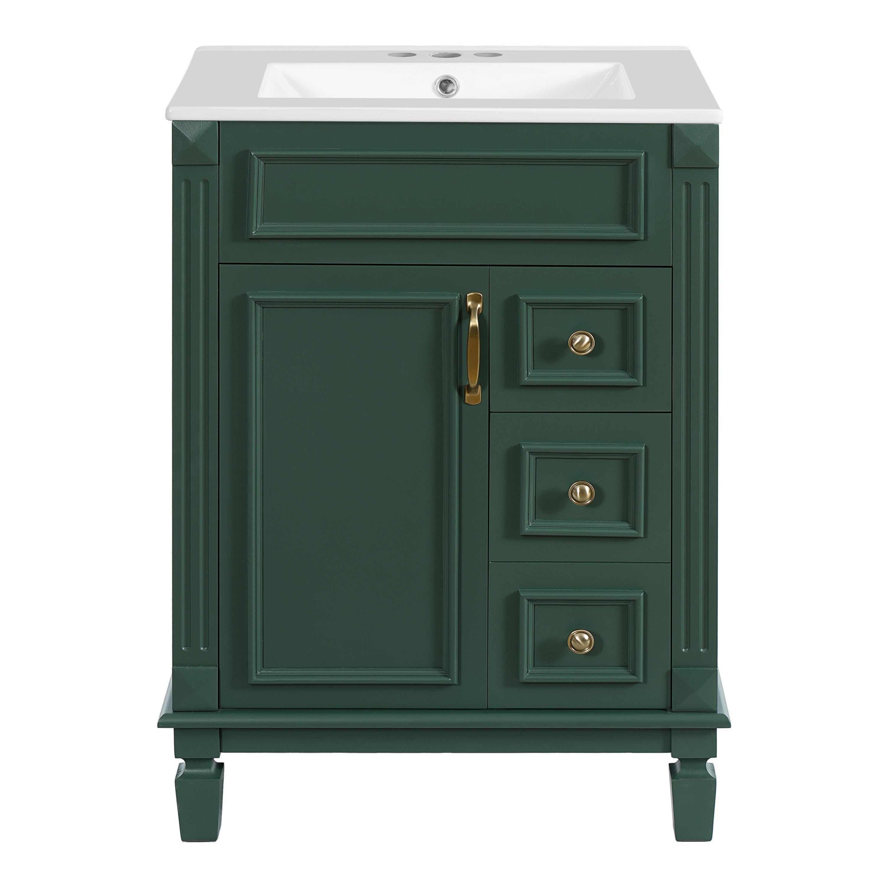 Modern Green Bathroom Vanity with Ceramic Sink, 24' Compact Cabinet with 2 Drawers and Adjustable Shelf, MDF+Solid Wood Frame, Ceramic Basin