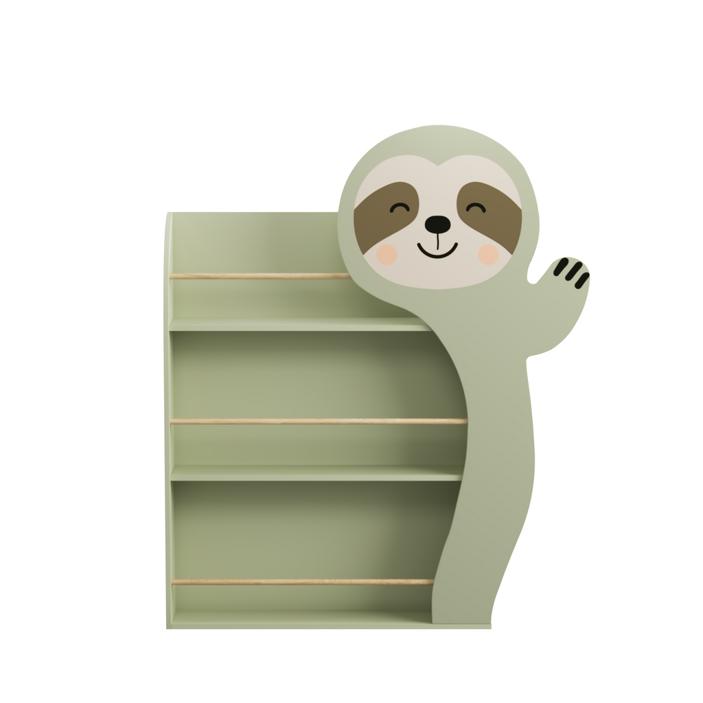 Sloth Kids Bookshelf, Front-Facing Toddler Book Display Rack with 3 Tiers, Cute Animal Design, Wooden Nursery Bookshelf in Sage Green for Playroom, Bedroom & Reading Corner, Engineered Wood
