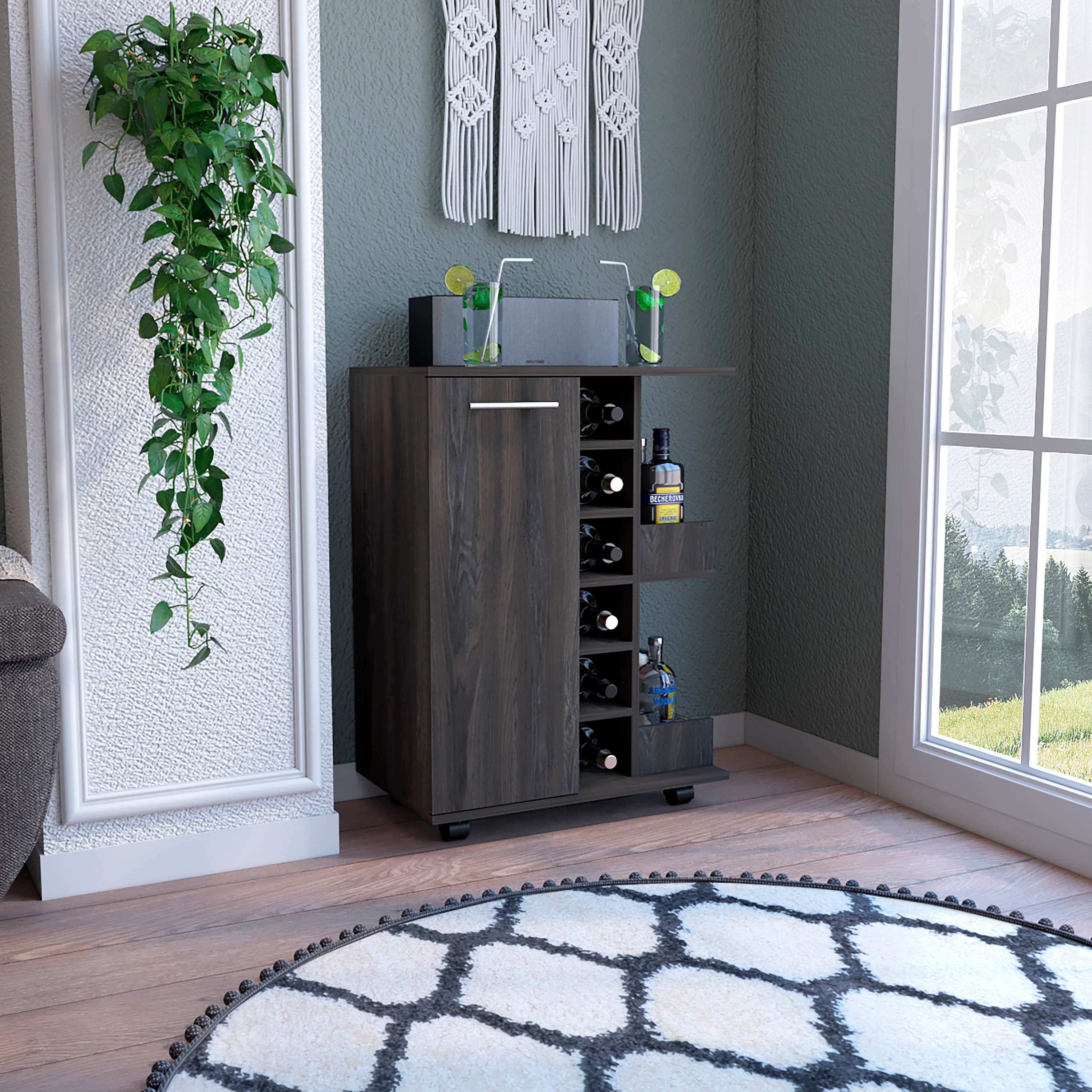Bar Cart, Two External Shelves, Four Casters, Six Built-in Wine Rack, Single Door Cabinet -Espresso