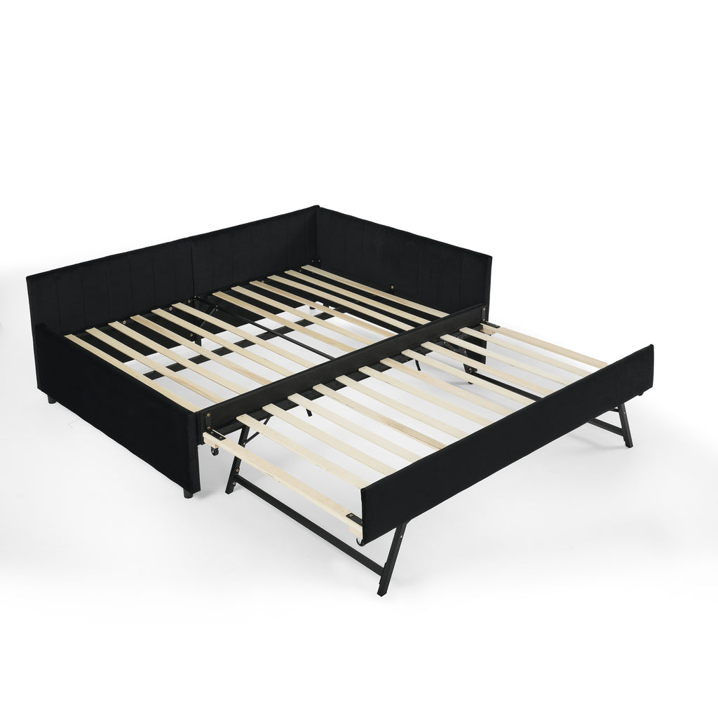 Black Velvet Upholstered Full Size Daybed with Trundle, Tufted Backrest and Armrests, 79.5''x58''x25''