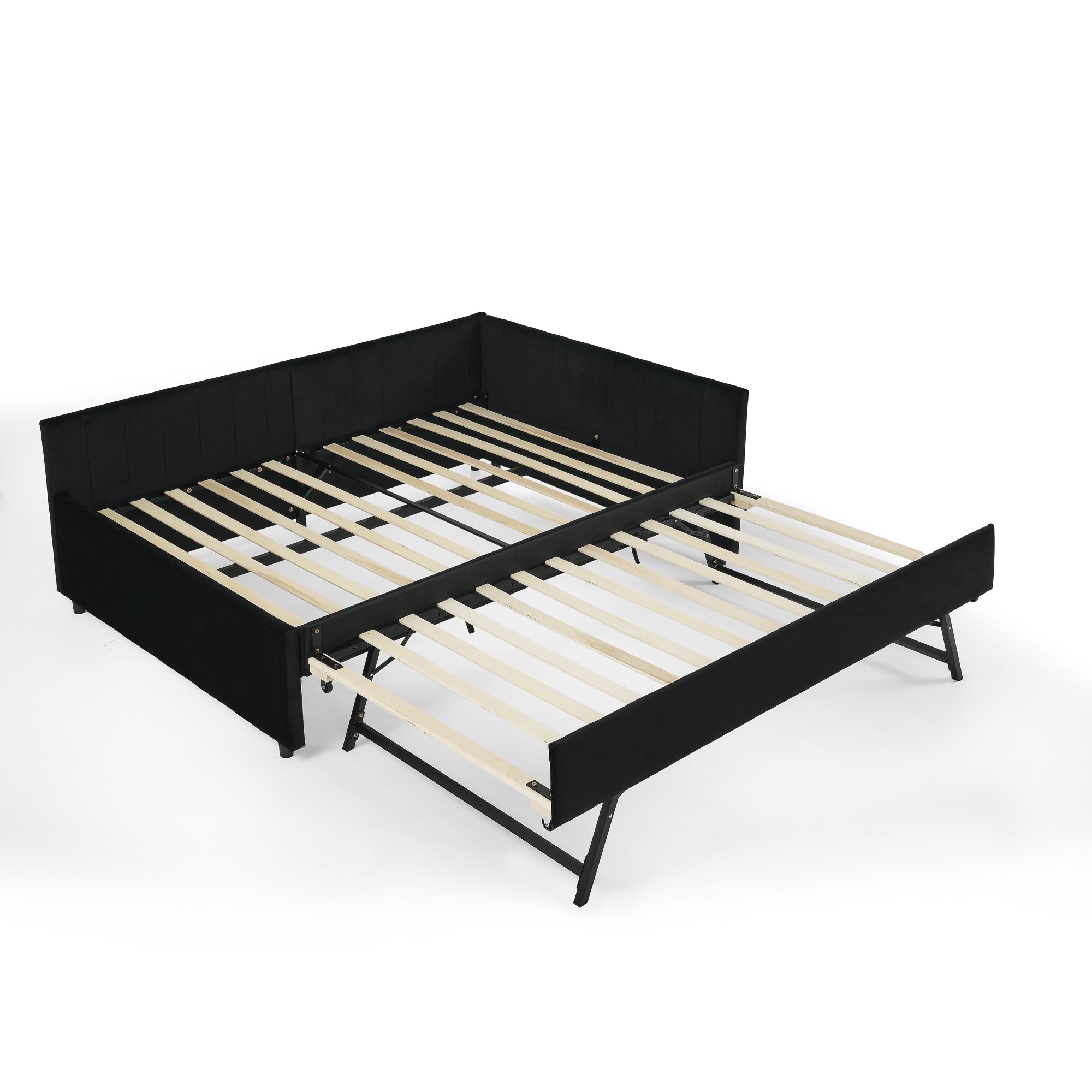 Black Velvet Upholstered Full Size Daybed with Trundle, Tufted Backrest and Armrests, 79.5''x58''x25''