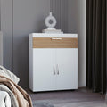 Belton Shoe Rack With Double Doors And Interior Shelves, Freestanding Footwear Storage Cabinet, White/ Natural Oak