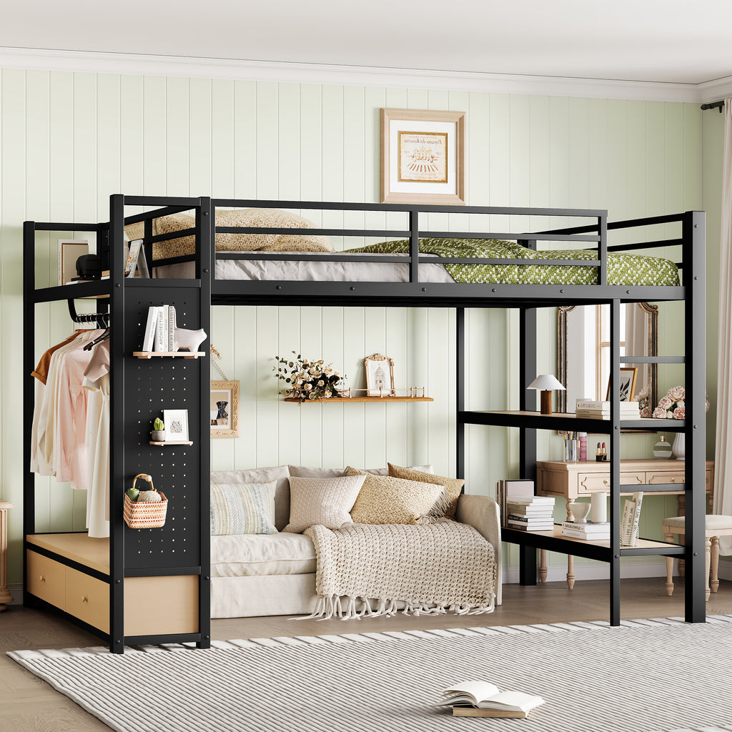 Queen size Loft Bed Frame with Wardrobe,Metal Loft Bed with Storage Shelves and Pegboard,Black