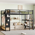 Queen size Loft Bed Frame with Wardrobe,Metal Loft Bed with Storage Shelves and Pegboard,Black