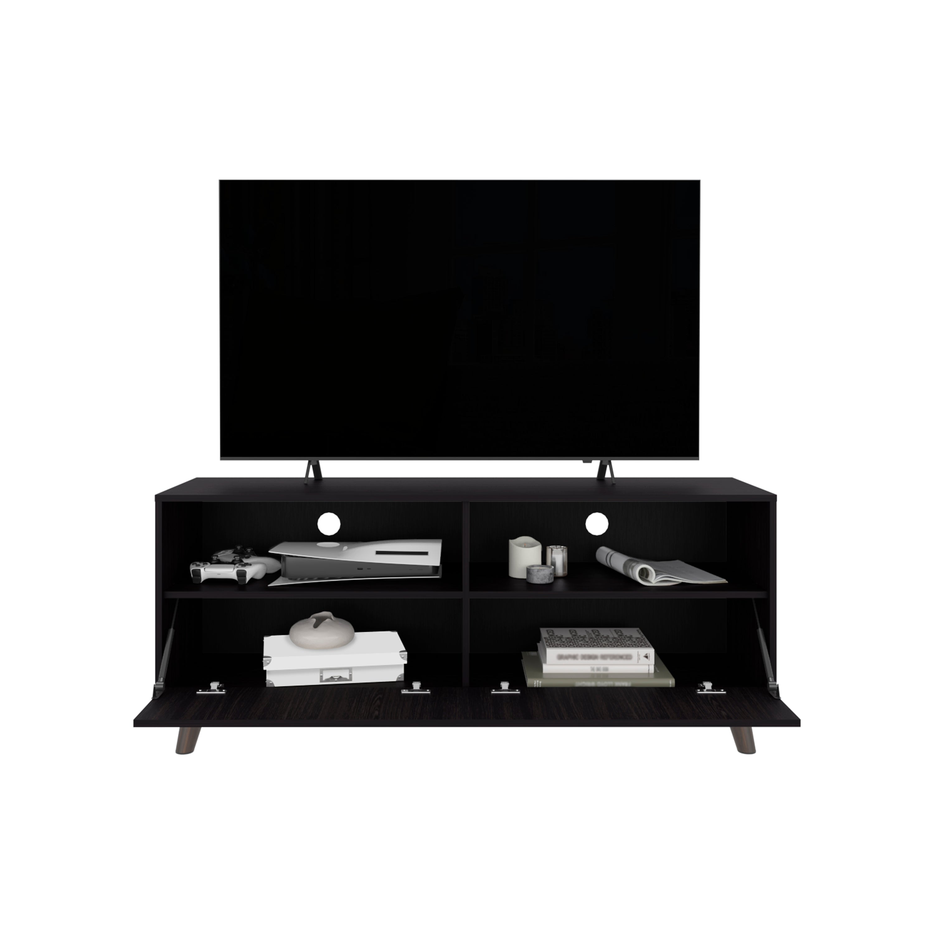 Patrick Tv Stand With 2 Doors And Open Storage Shelves, Modern Entertainment Center, Black
