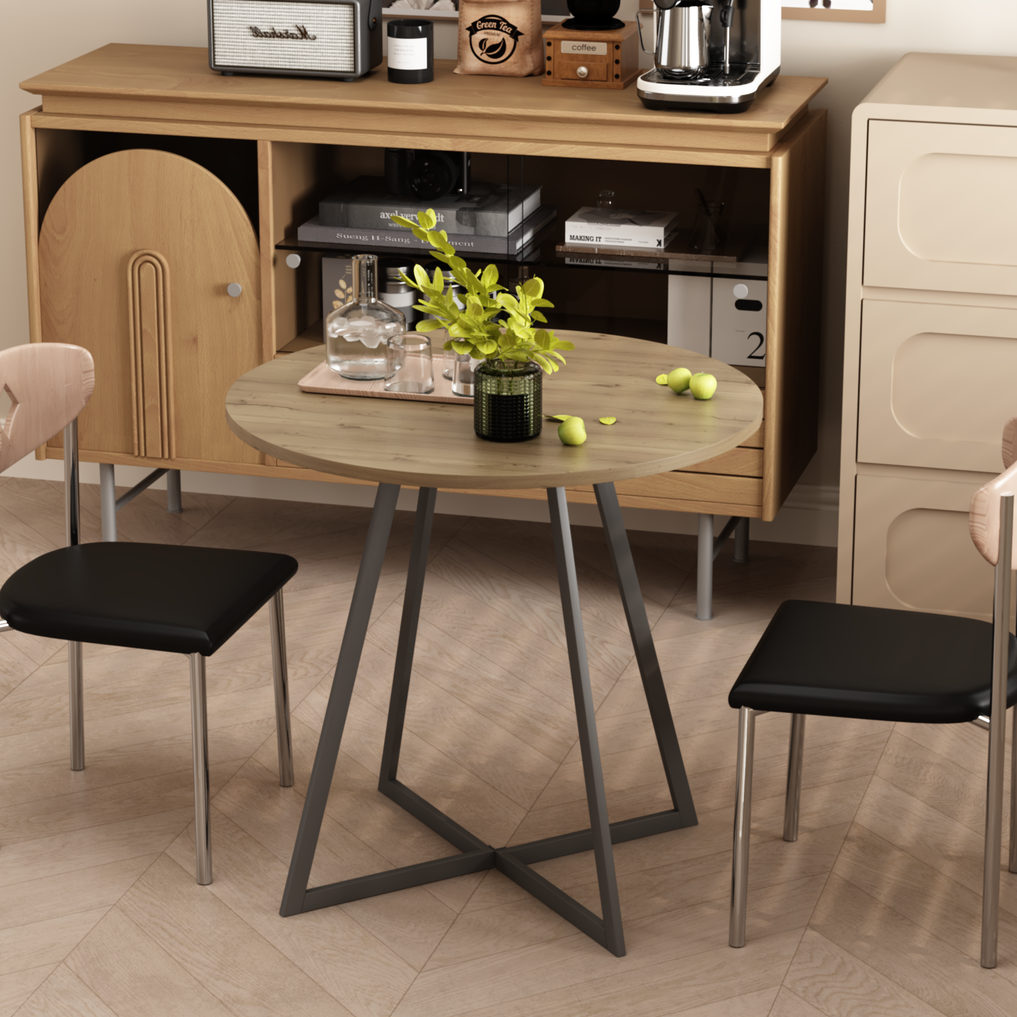 31.5 Inch Round Dining Table, Small Circle Kitchen Table with Metal Black Legs for 2-4 people,Modern Dining Room Table, Brown (only table)