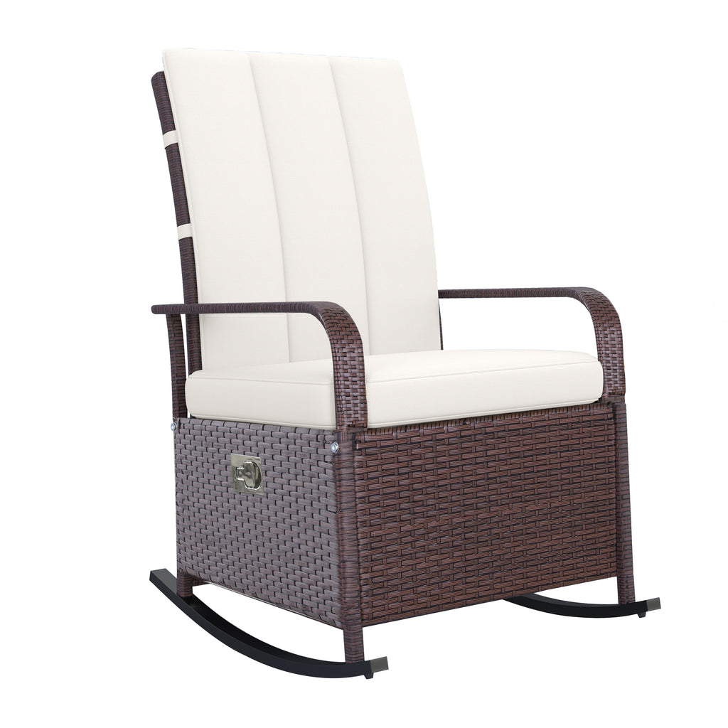 Outsunny Wicker Outdoor Rocking Chair, Patio Recliner with Adjustment Backrest, PE Rattan Lounge Chair with Adjustable Footrest and Cushions for Garden, Backyard, Porch, Beige