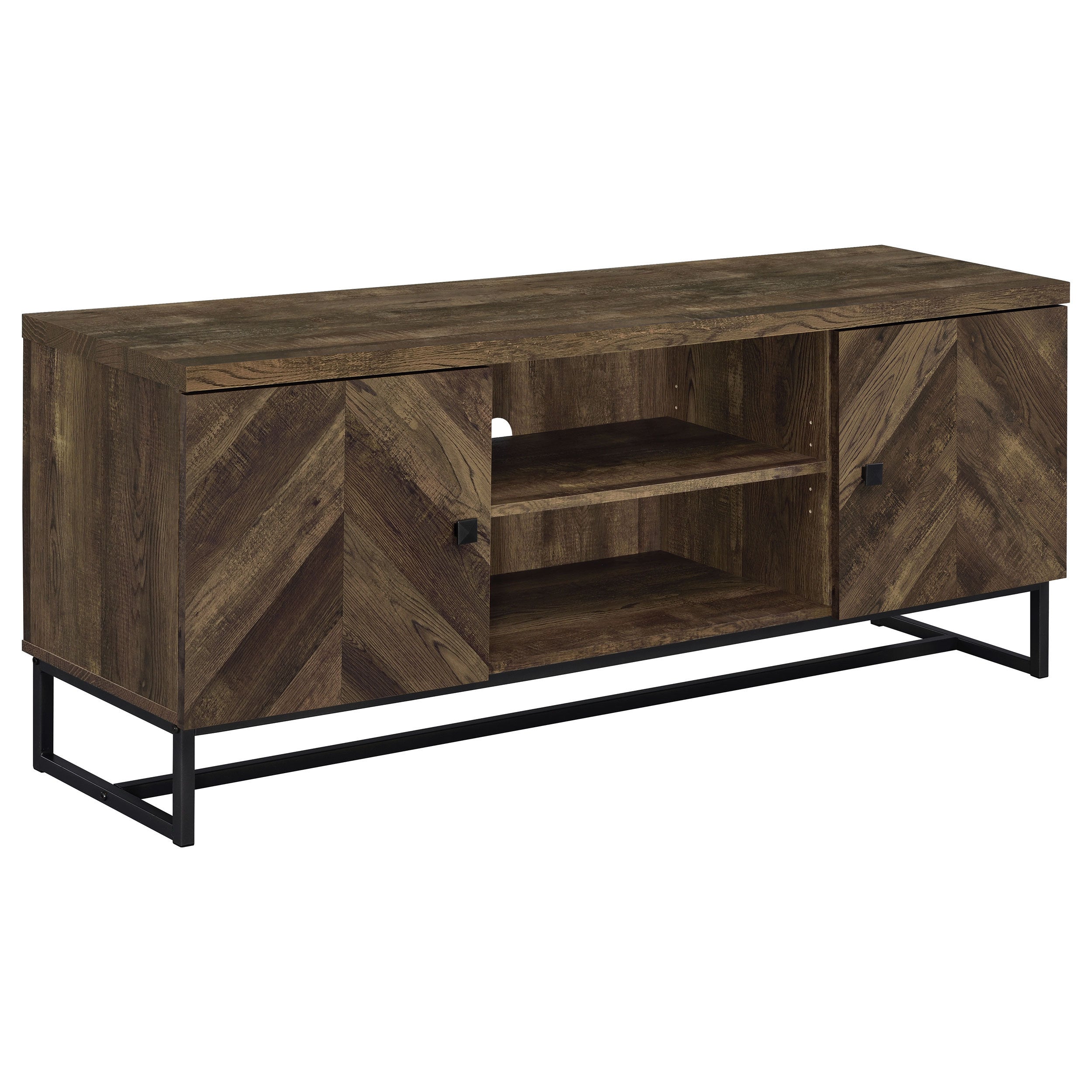 Chase Rustic Oak 2-Door TV Console with Herringbone Design in Rustic Oak Finish and Black Metal Base