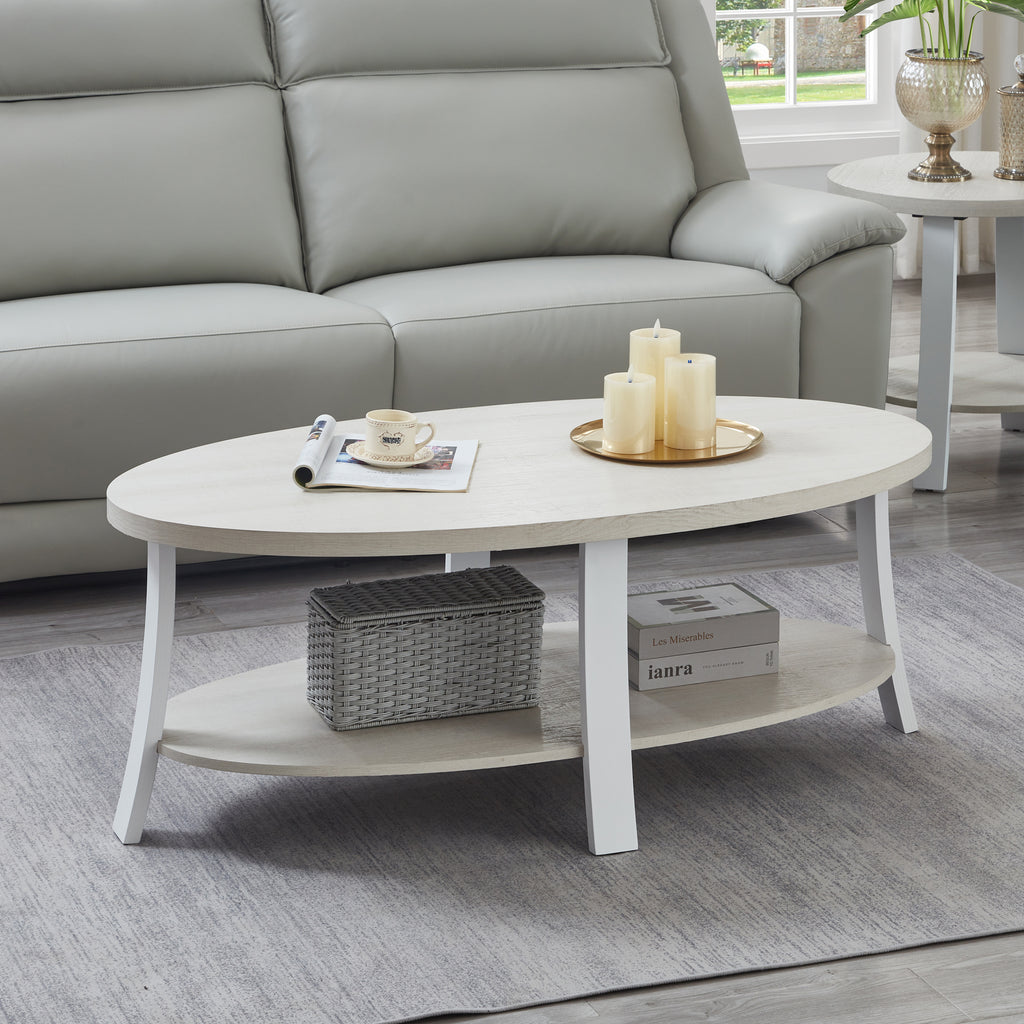 Anze Contemporary Oval Wood Shelf Coffee Table in White Finish