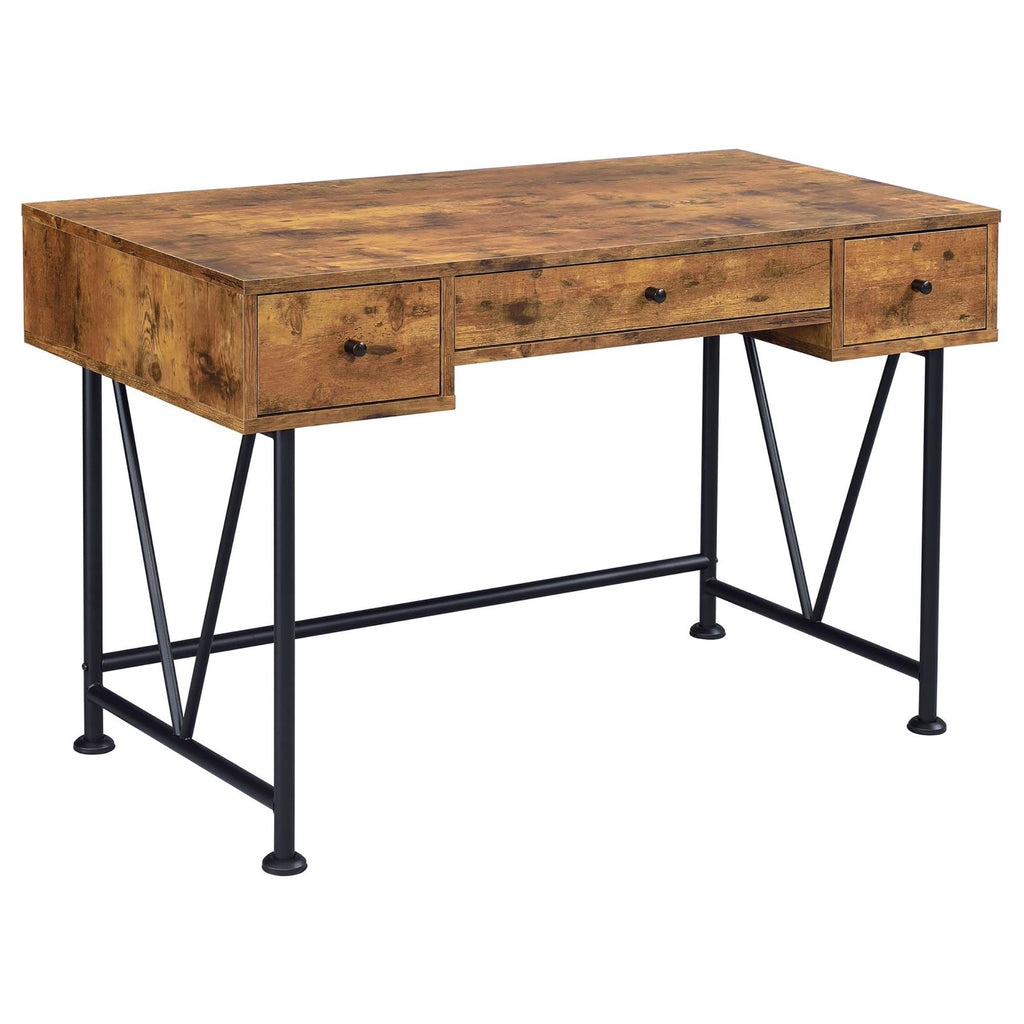 Antique Nutmeg and Black 3-Drawer Writing Desk with Bronze Handles, Wood and Metal Construction, 47.25 x 23.5 x 30.5 Inches