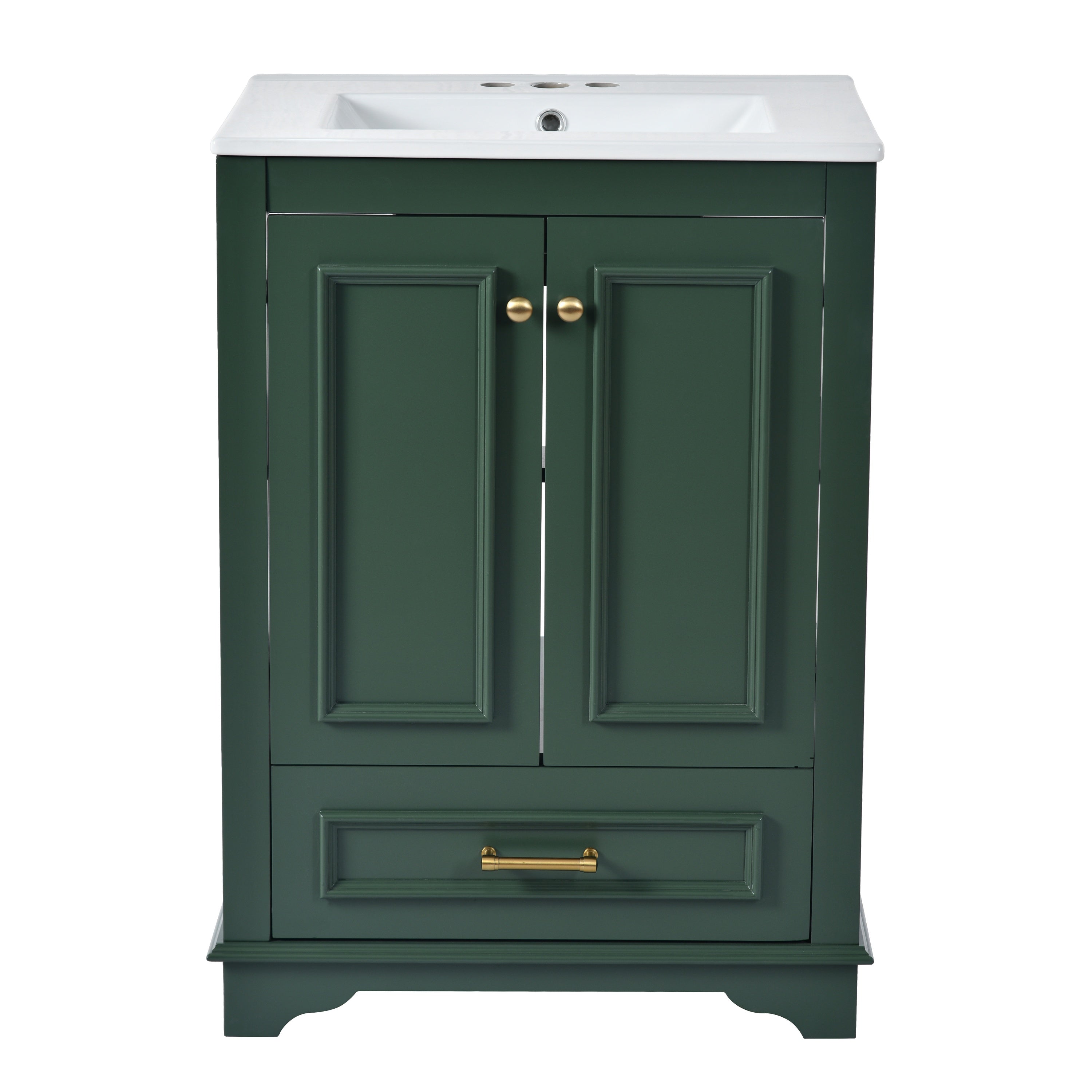 Modern 24'' Bathroom Vanity with Ceramic Sink, Green Freestanding Storage Cabinet with Silver Handles, Soft Closing Doors