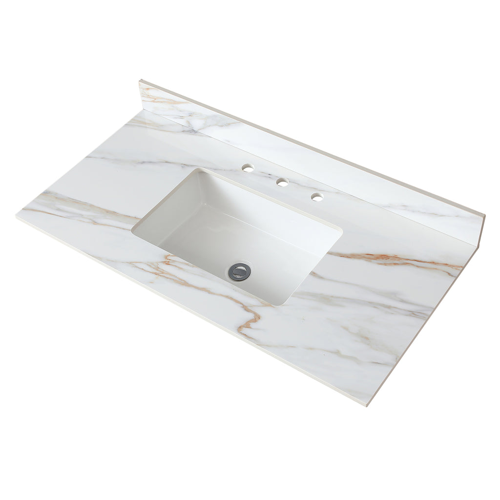 43 Inch Carrara White Marble Vanity Top with Undermount Sink and Backsplash, Sintered Stone